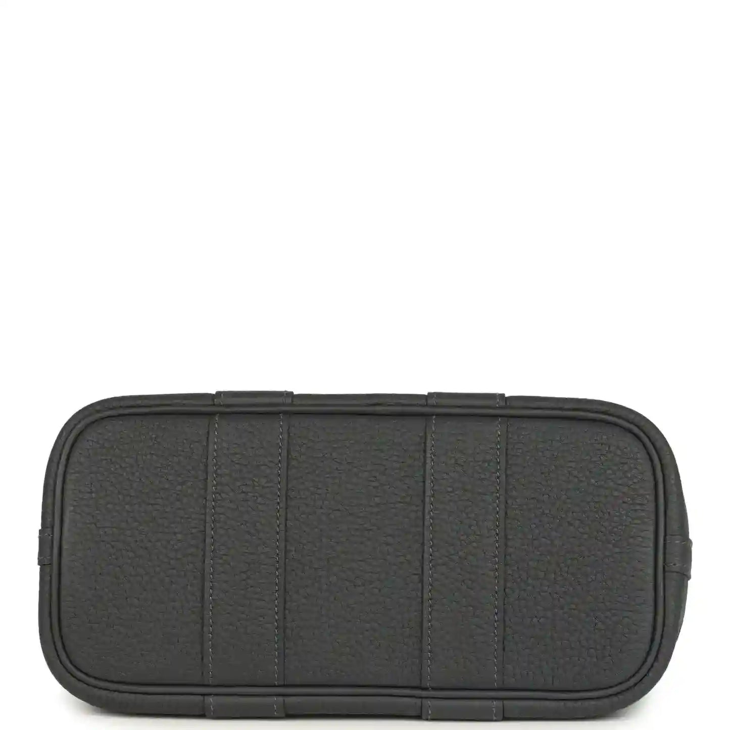 Dark gray leather zip pouch with stitched trim and segmented panel design