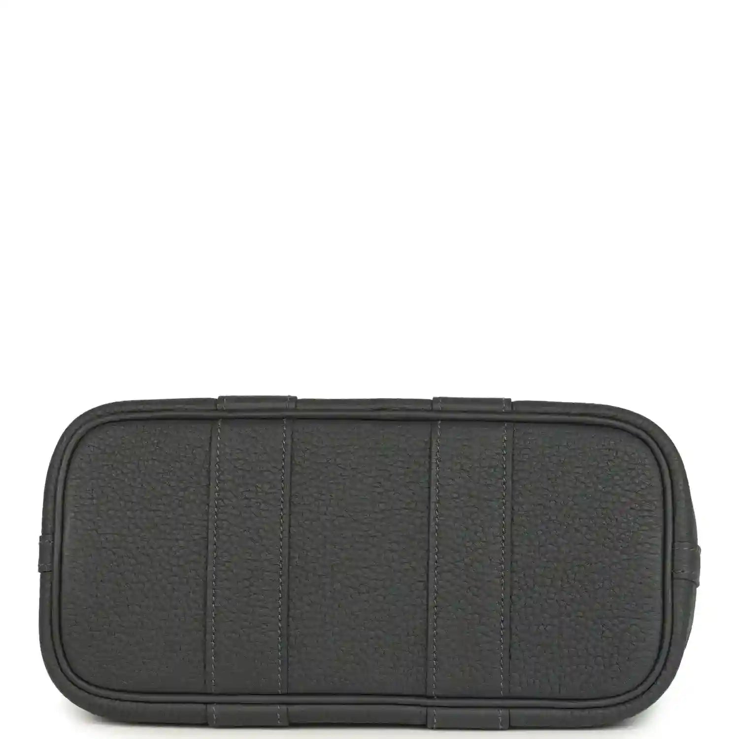 Dark gray leather zip pouch with stitched trim and segmented panel design