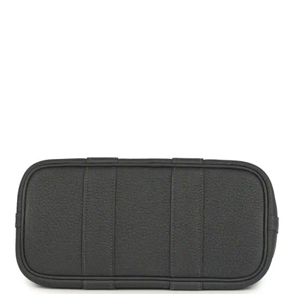 Dark gray leather zip pouch with stitched trim and segmented panel design