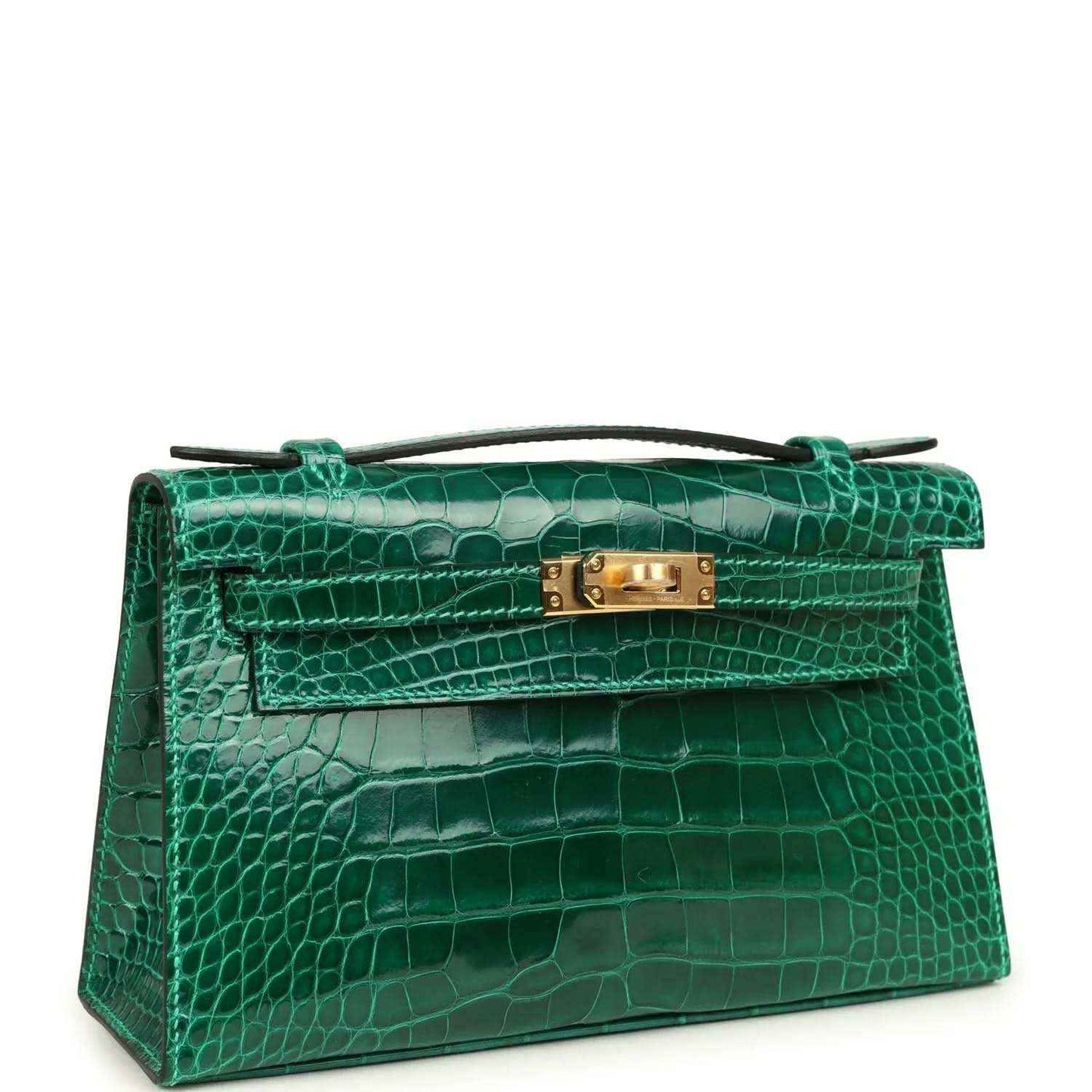 Hermes Kelly pochette bag in shiny green alligator leather with gold front clasp