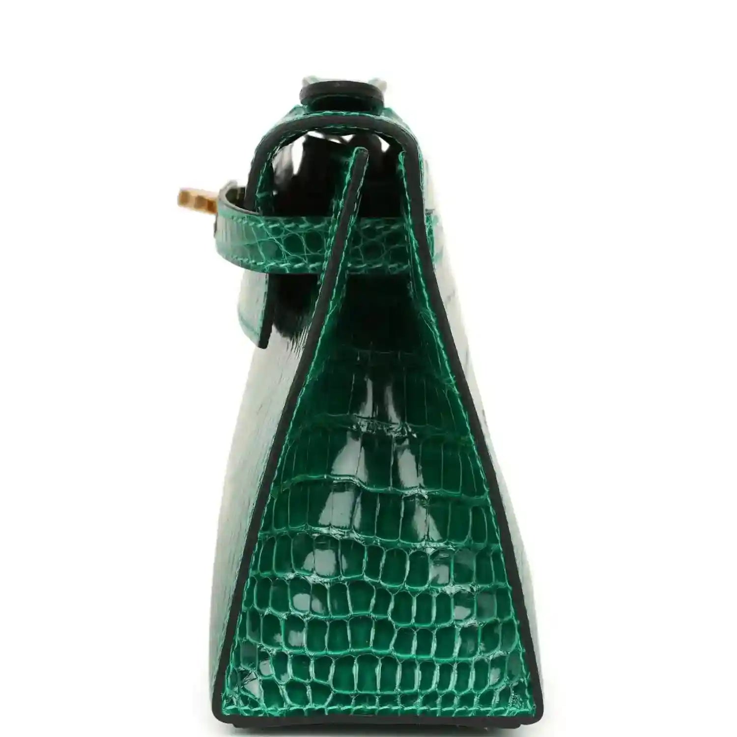 Hermes Kelly pochette bag handle and top loop in shiny green alligator leather