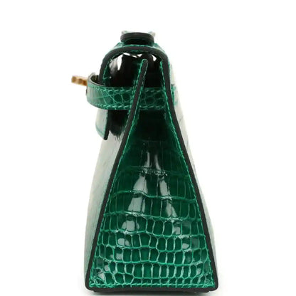 Hermes Kelly pochette bag handle and top loop in shiny green alligator leather