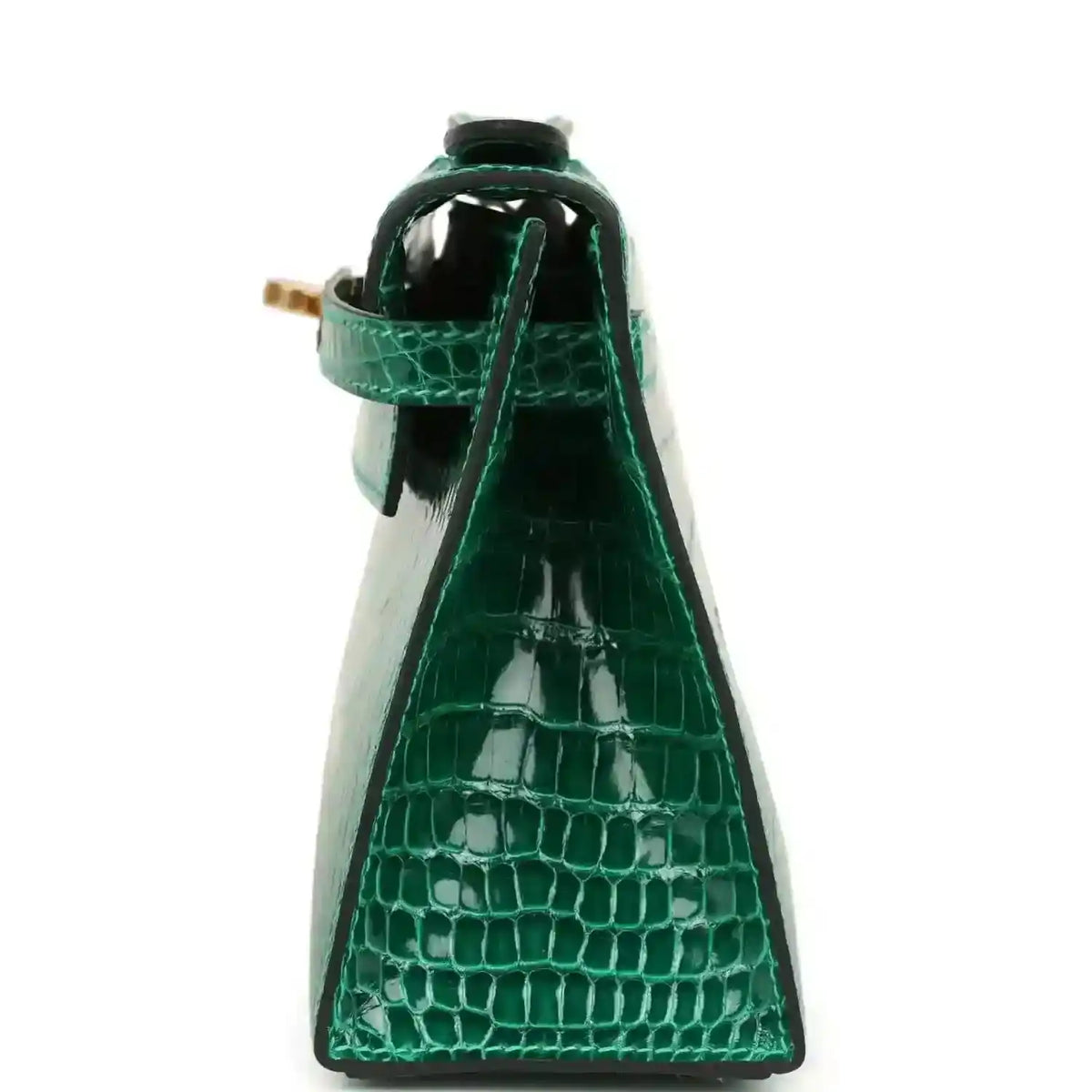 Hermes Kelly pochette bag handle and top loop in shiny green alligator leather