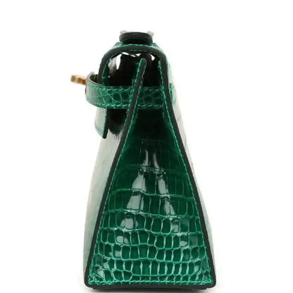 Hermes Kelly pochette bag handle and top loop in shiny green alligator leather