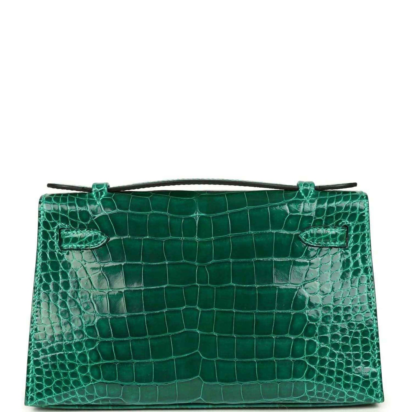 Hermes Kelly pochette bag in shiny green alligator leather with top handle