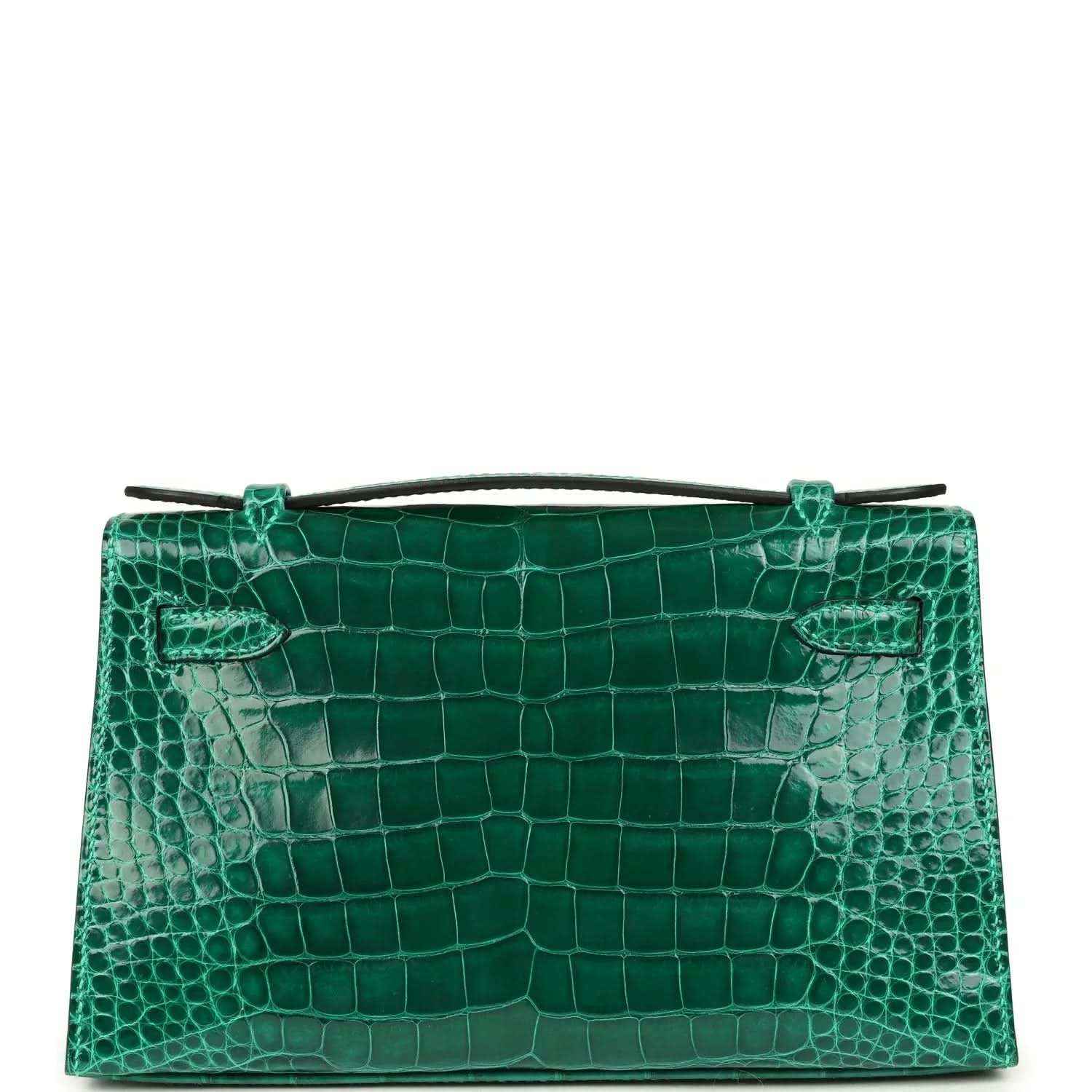 Hermes Kelly pochette bag in shiny green alligator leather with top handle
