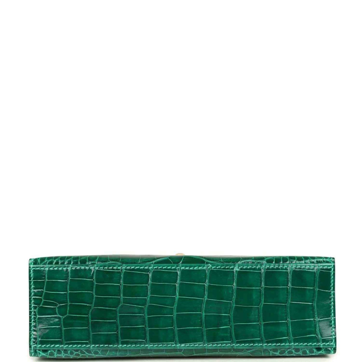 Hermes Kelly pochette bag in shiny green alligator leather with top handle loop