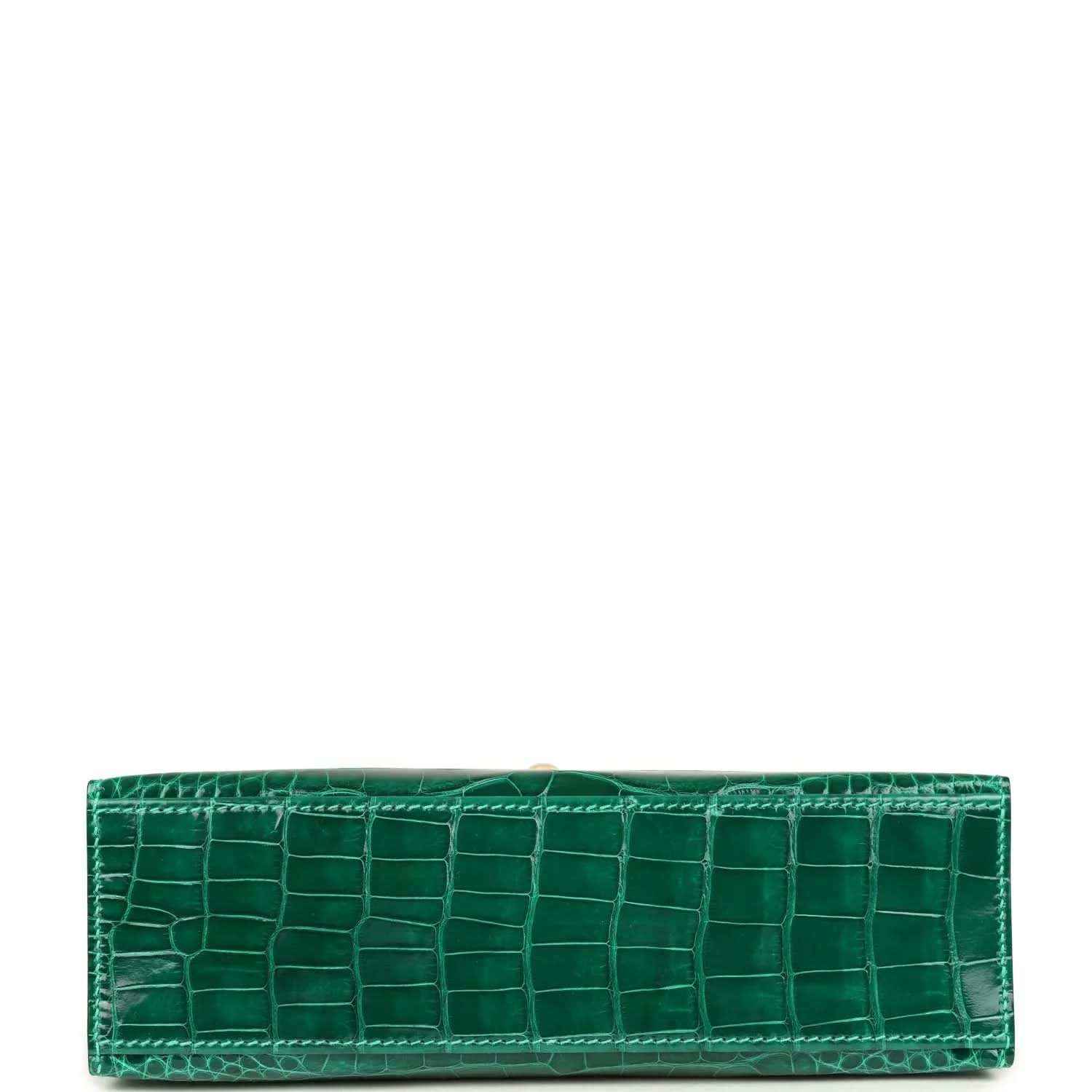 Hermes Kelly pochette bag in shiny green alligator leather with top handle loop