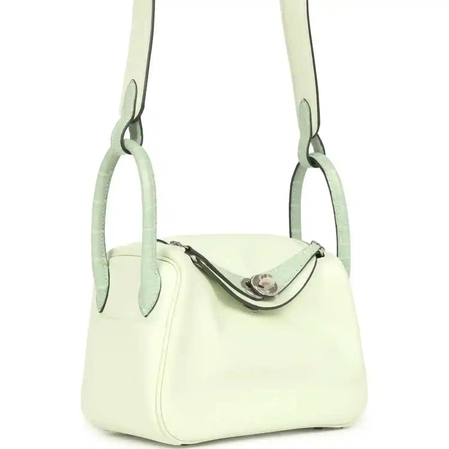 Mini Lindy shoulder bag in pale green leather, front flap with silver-tone clasp