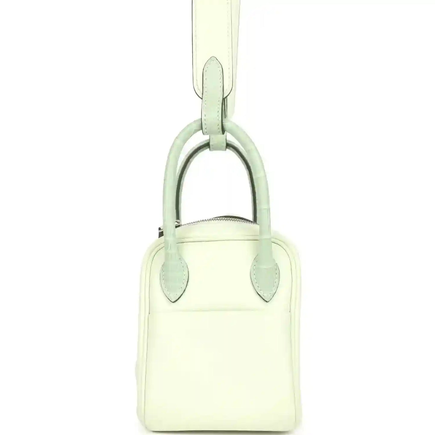 Mini Lindy bag with top handle, pale green leather and rounded silver-tone hardware