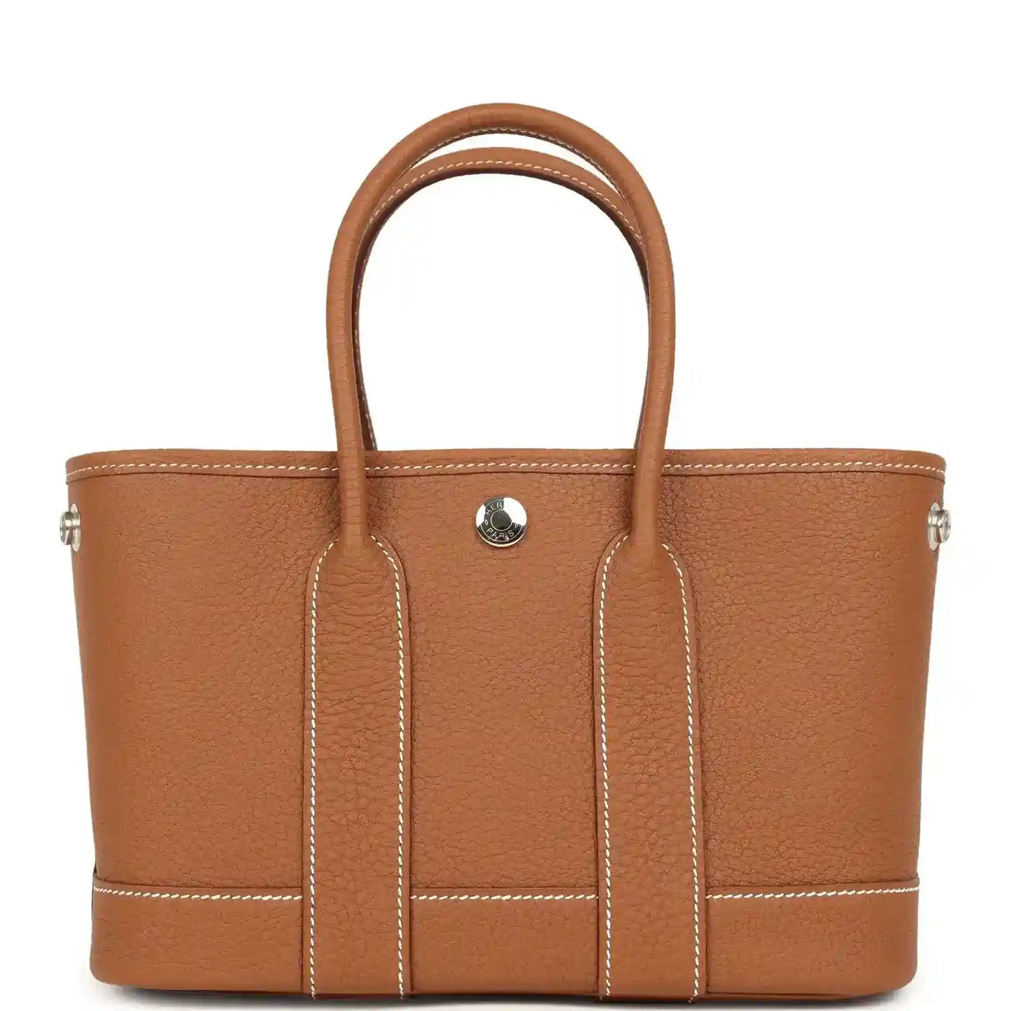 Hermes Garden Party Neo 23 tote bag in gold-toned leather, two handles, front pocket tab