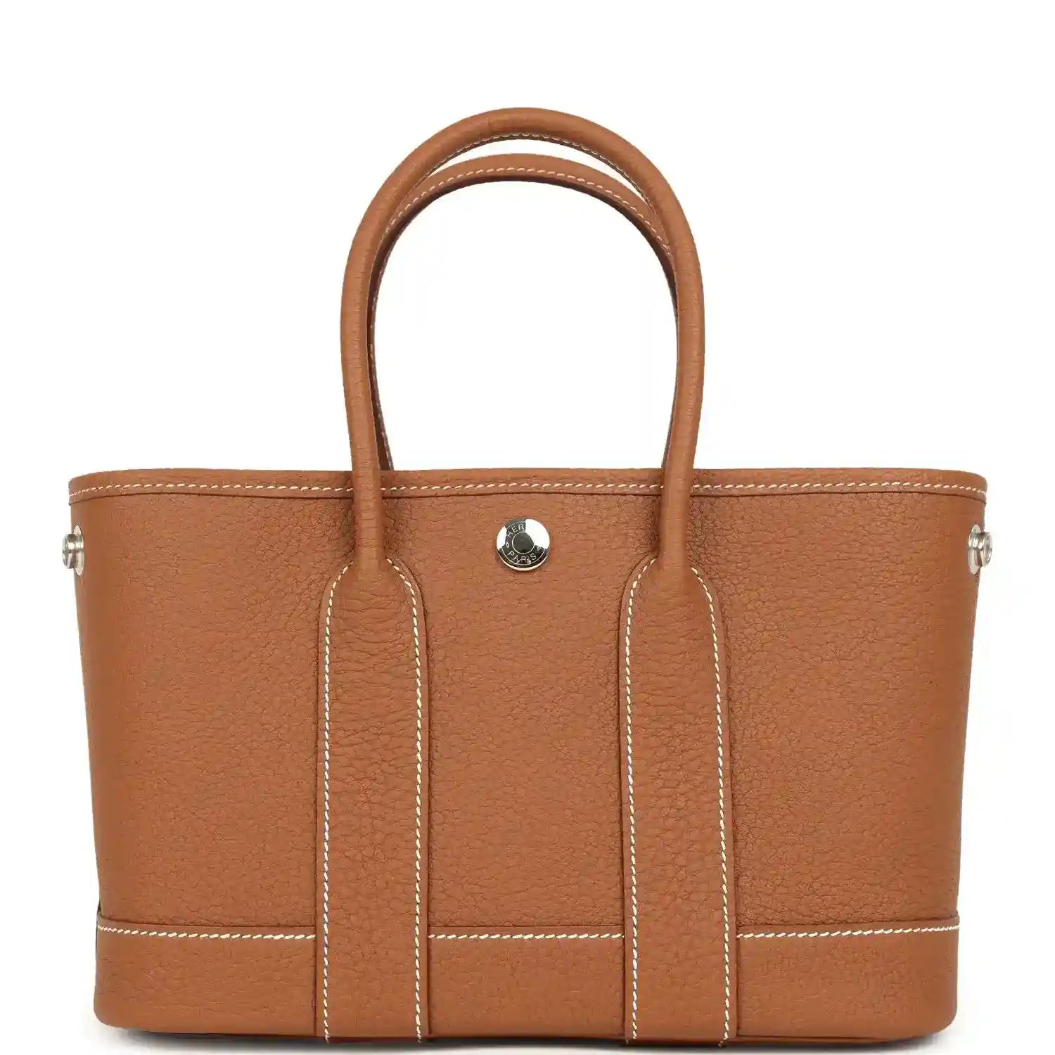 Hermes Garden Party Neo 23 tote bag in gold-toned leather, two handles, front pocket tab