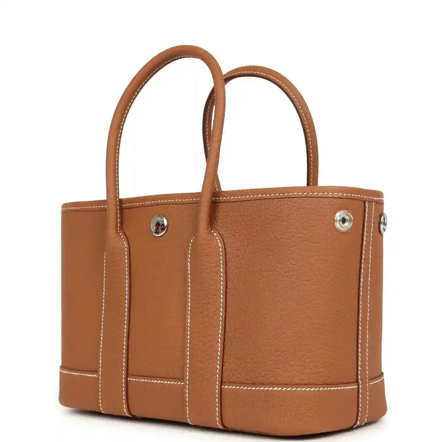 Hermes Garden Party Neo 23 tote bag, gold-toned leather with two top handles and front rivets