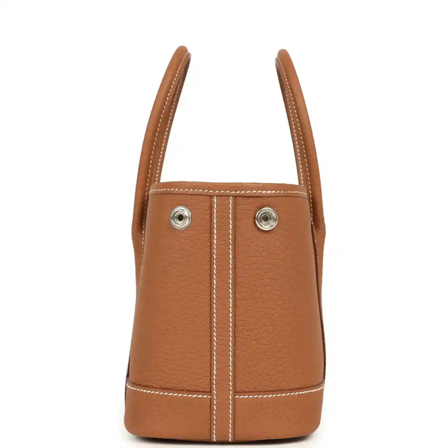 Hermes Garden Party Neo 23 tote bag, gold-toned leather front view with pocket and rivet details