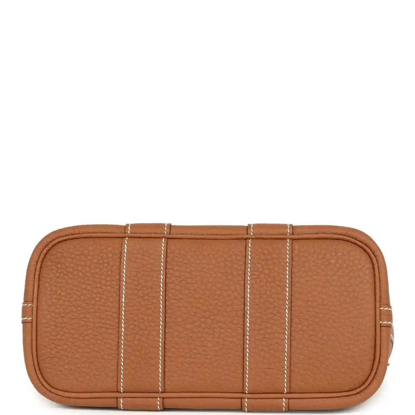 Hermes Garden Party Neo 23 tote bag base view, gold-toned leather with stitched panel sections