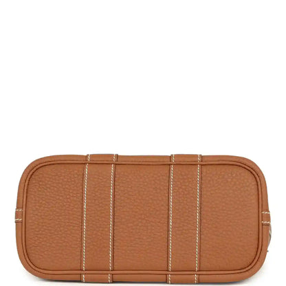 Hermes Garden Party Neo 23 tote bag base view, gold-toned leather with stitched panel sections