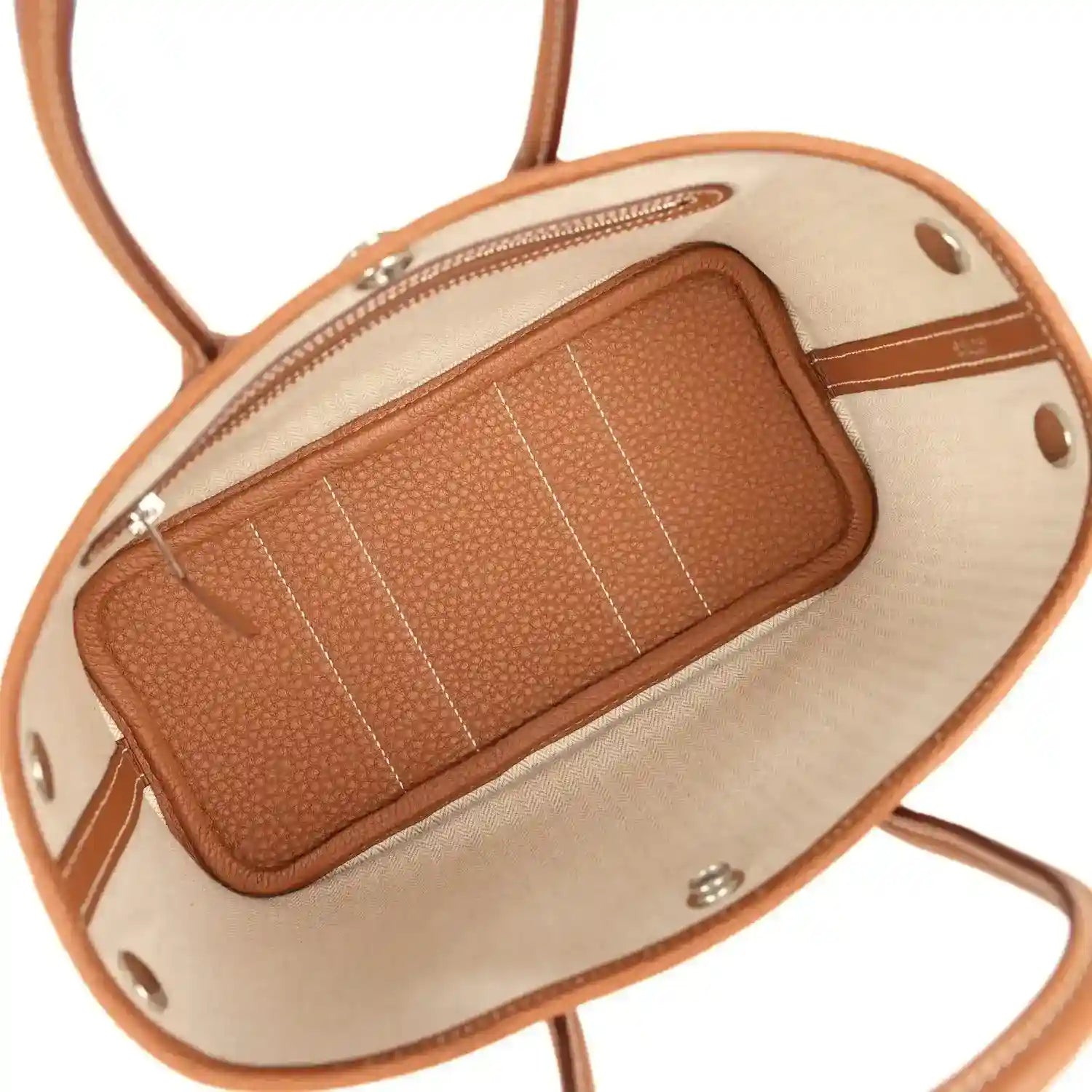 Hermes Garden Party Neo 23 tote bag interior view, tan lining and zip pocket detail