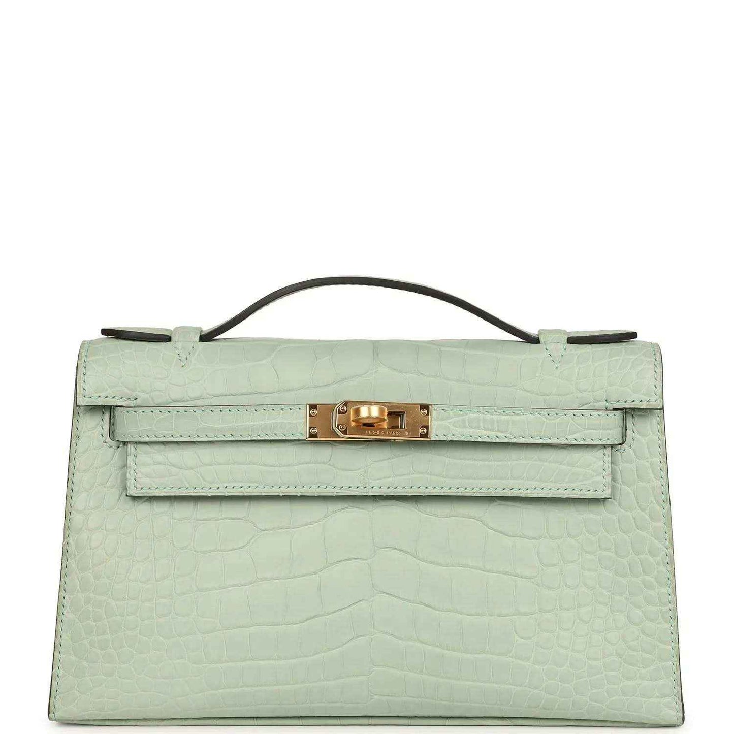 Mint green alligator-style pochette with top handle and gold front clasp
