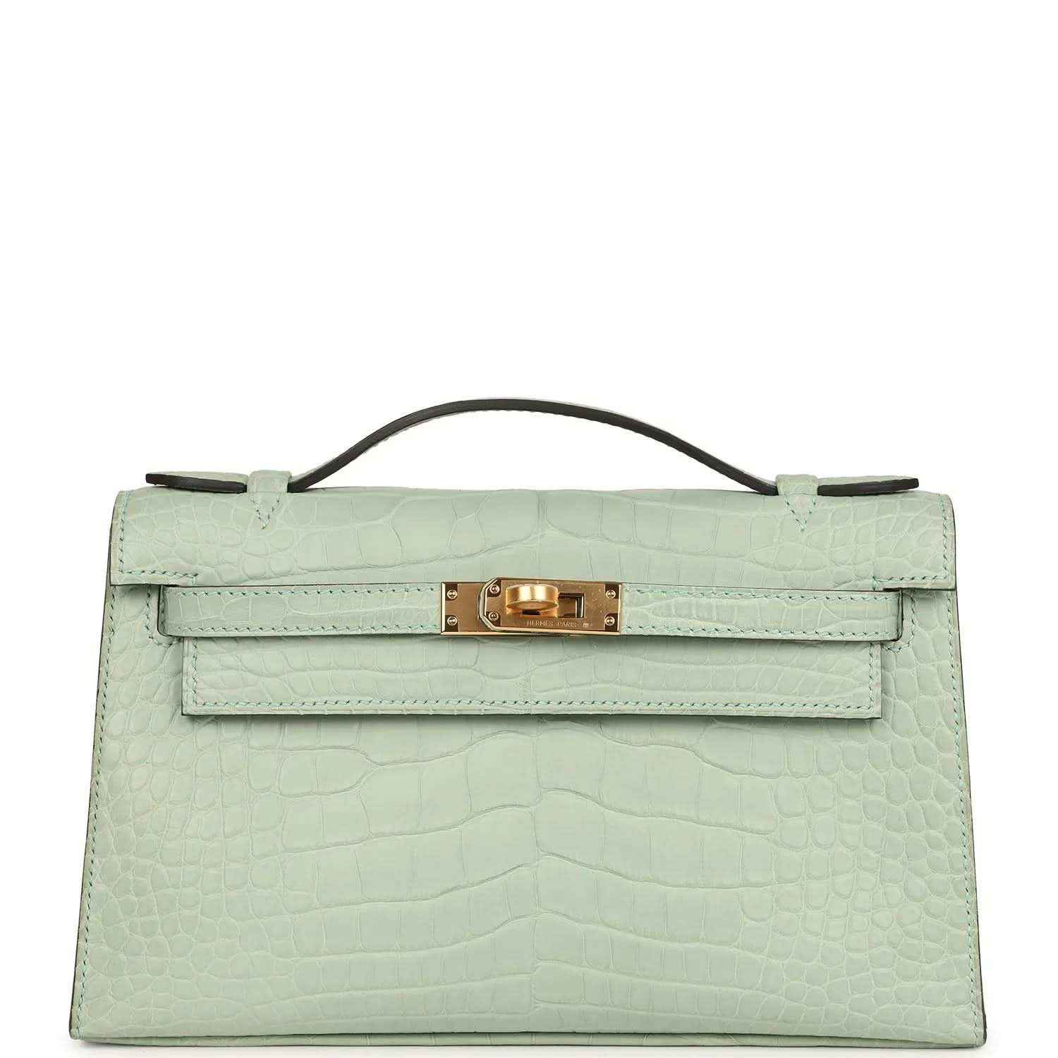 Mint green alligator-style pochette with top handle and gold front clasp