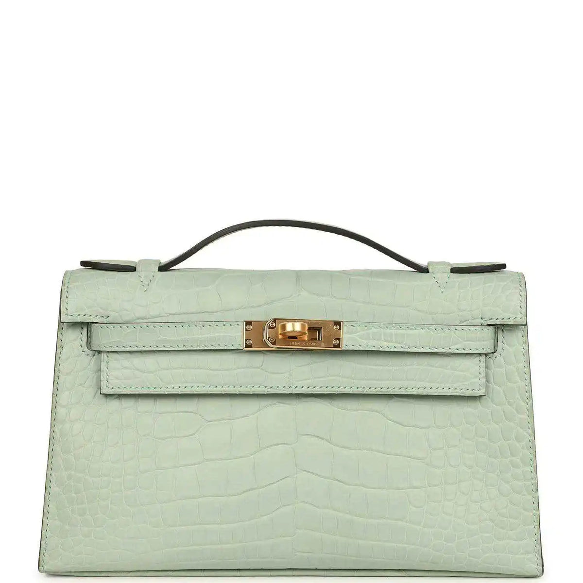 Mint green alligator-style pochette with top handle and gold front clasp