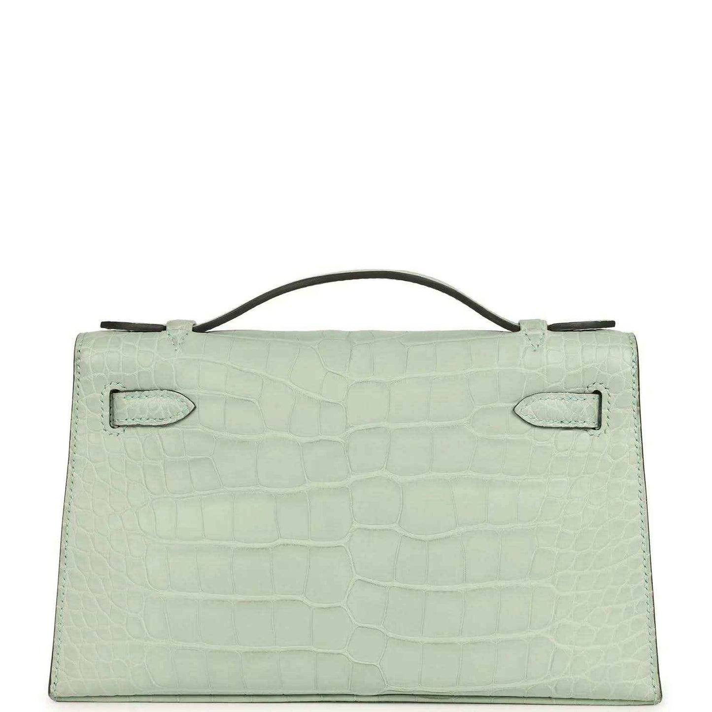 Mint green alligator-style pochette back with two stitched flap tabs
