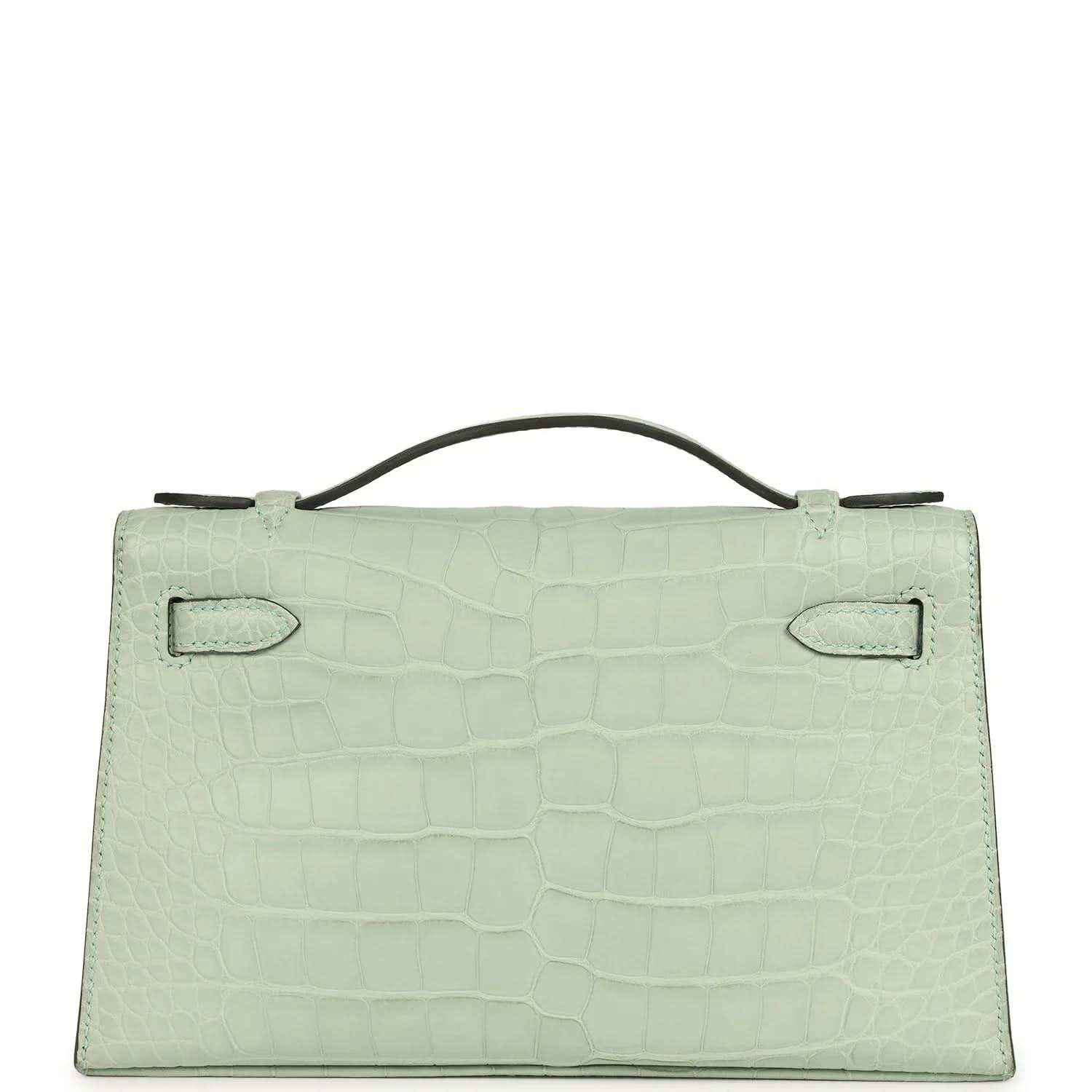 Mint green alligator-style pochette back with two stitched flap tabs