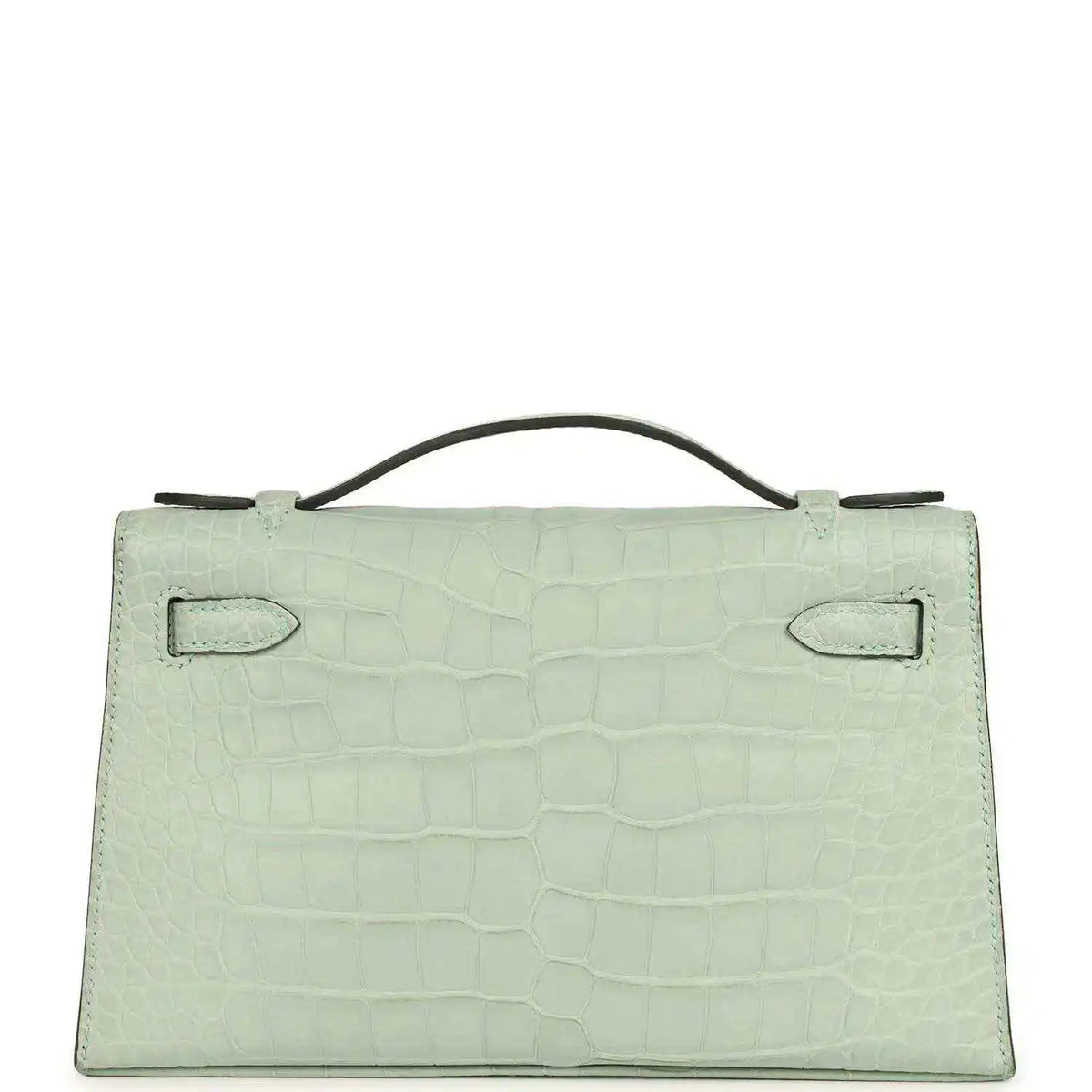 Mint green alligator-style pochette back with two stitched flap tabs