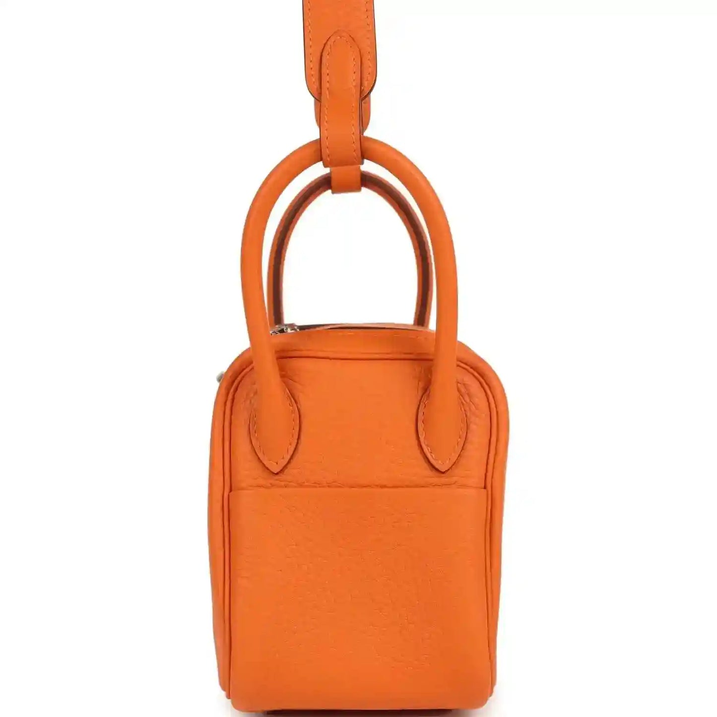 Orange leather mini handbag with top handle, rounded sides, and front decorative metal clasp.
