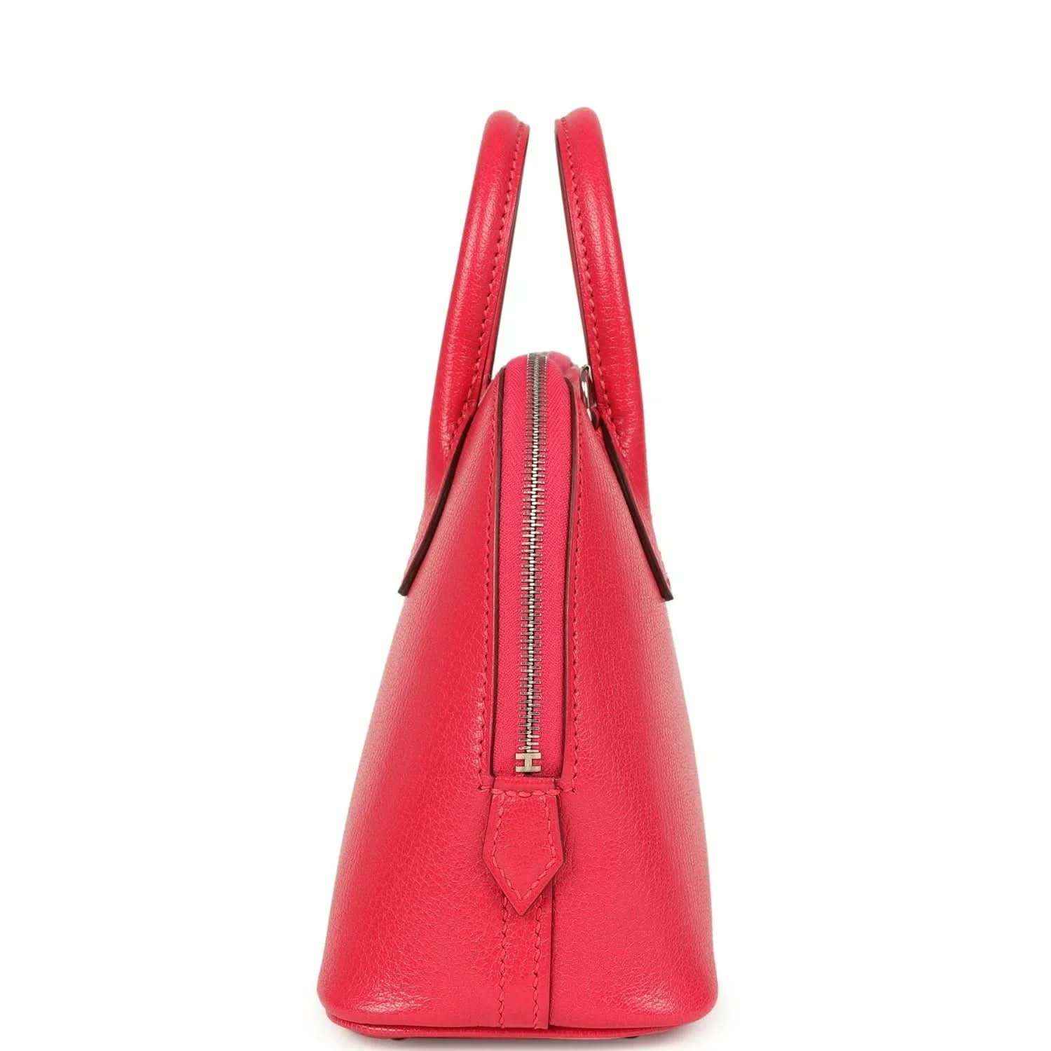 Hermes mini Bolide bag red leather side view with zipper pocket and top handles