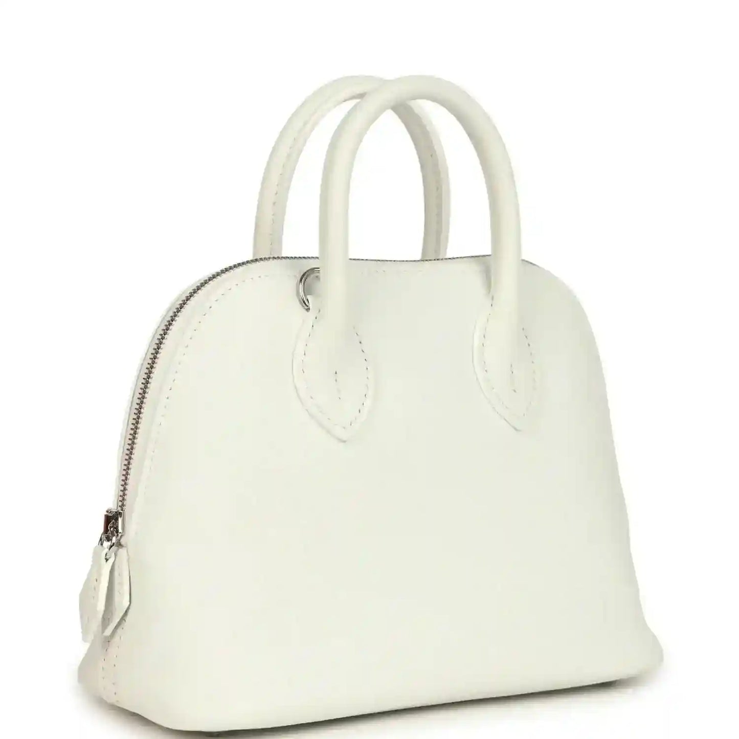 White leather Hermes mini Bolide bag with curved top handles and front zipper pocket