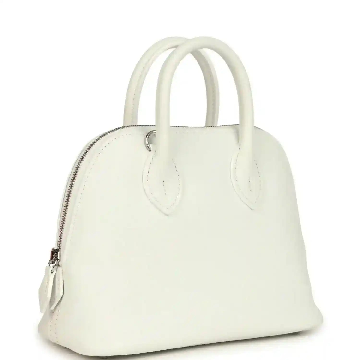 White leather Hermes mini Bolide bag with curved top handles and front zipper pocket