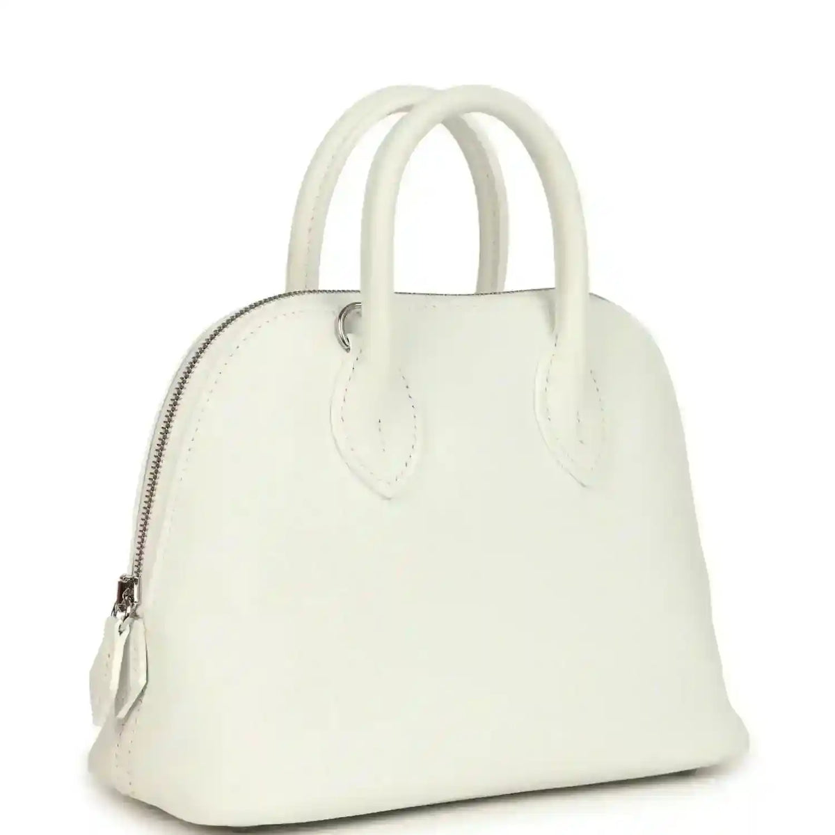 White leather Hermes mini Bolide bag with curved top handles and front zipper pocket