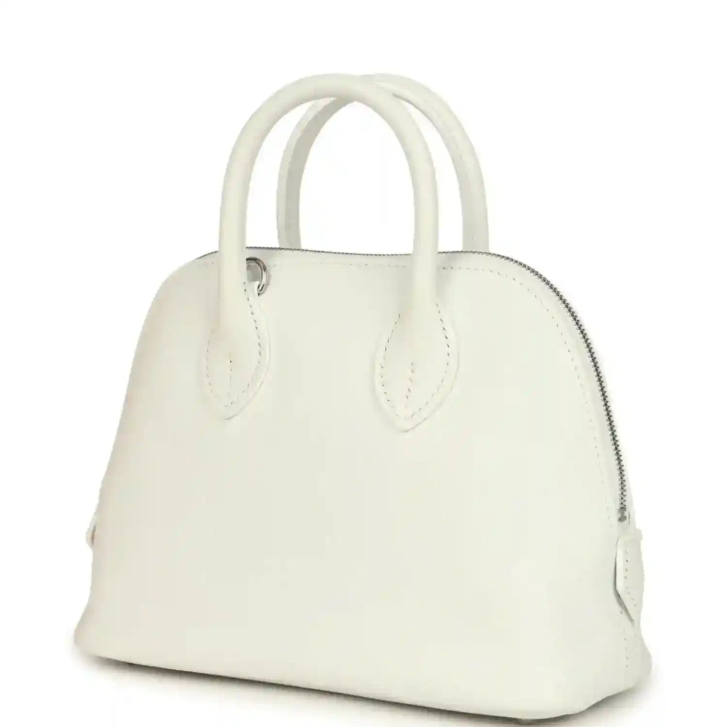 White leather Hermes mini Bolide bag with full front view and side zipper detail