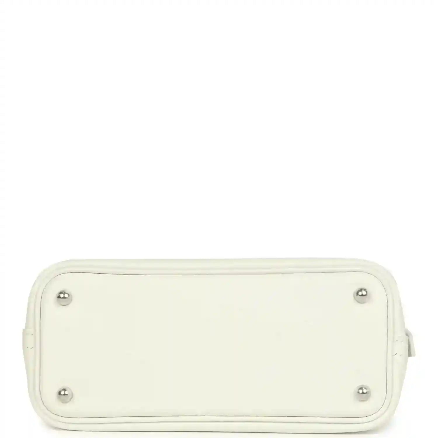 Hermes white mini Bolide bag bottom view with four metal feet and stitched edges