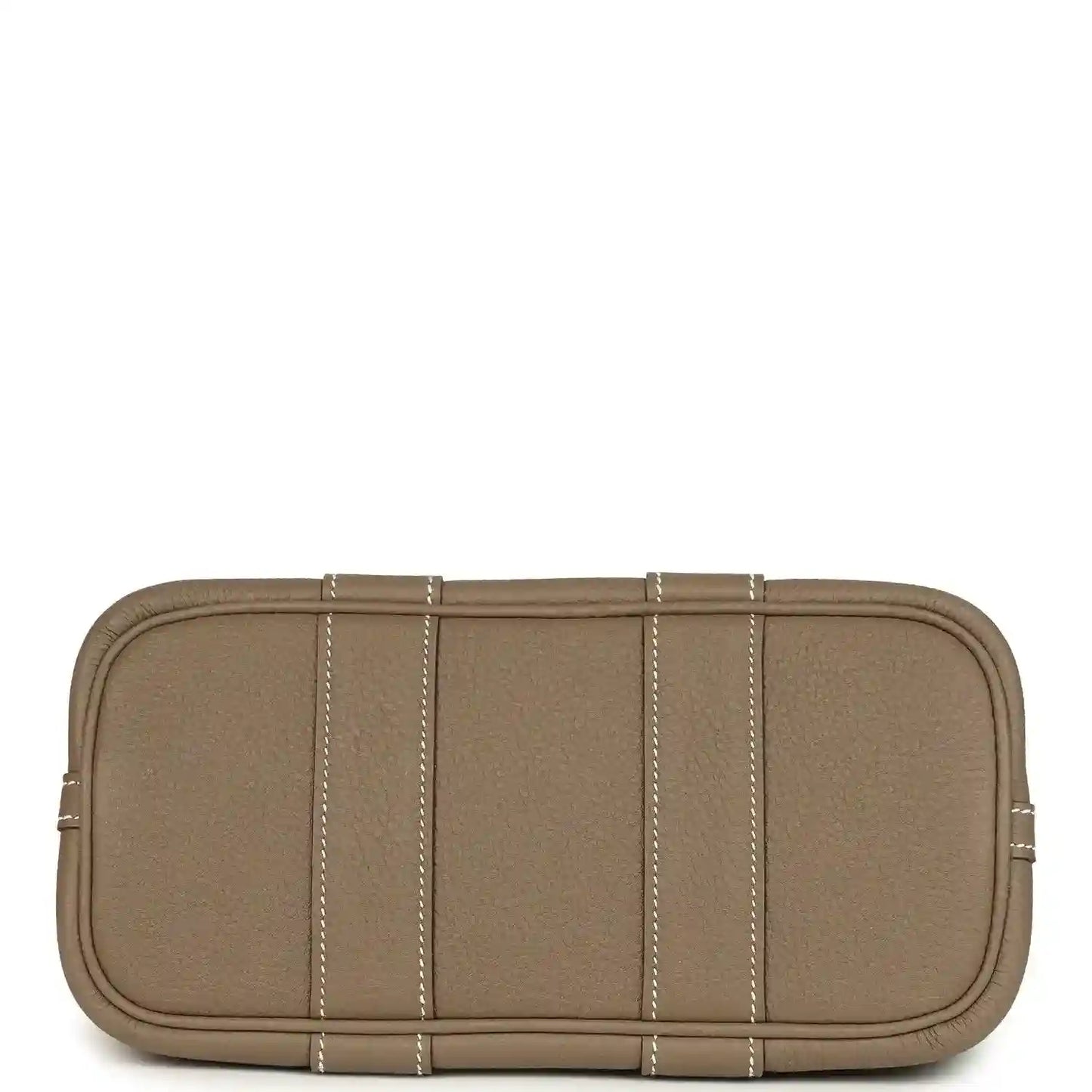Taupe leather mini tote bag with flat base, stitched panels, and top zipper edge