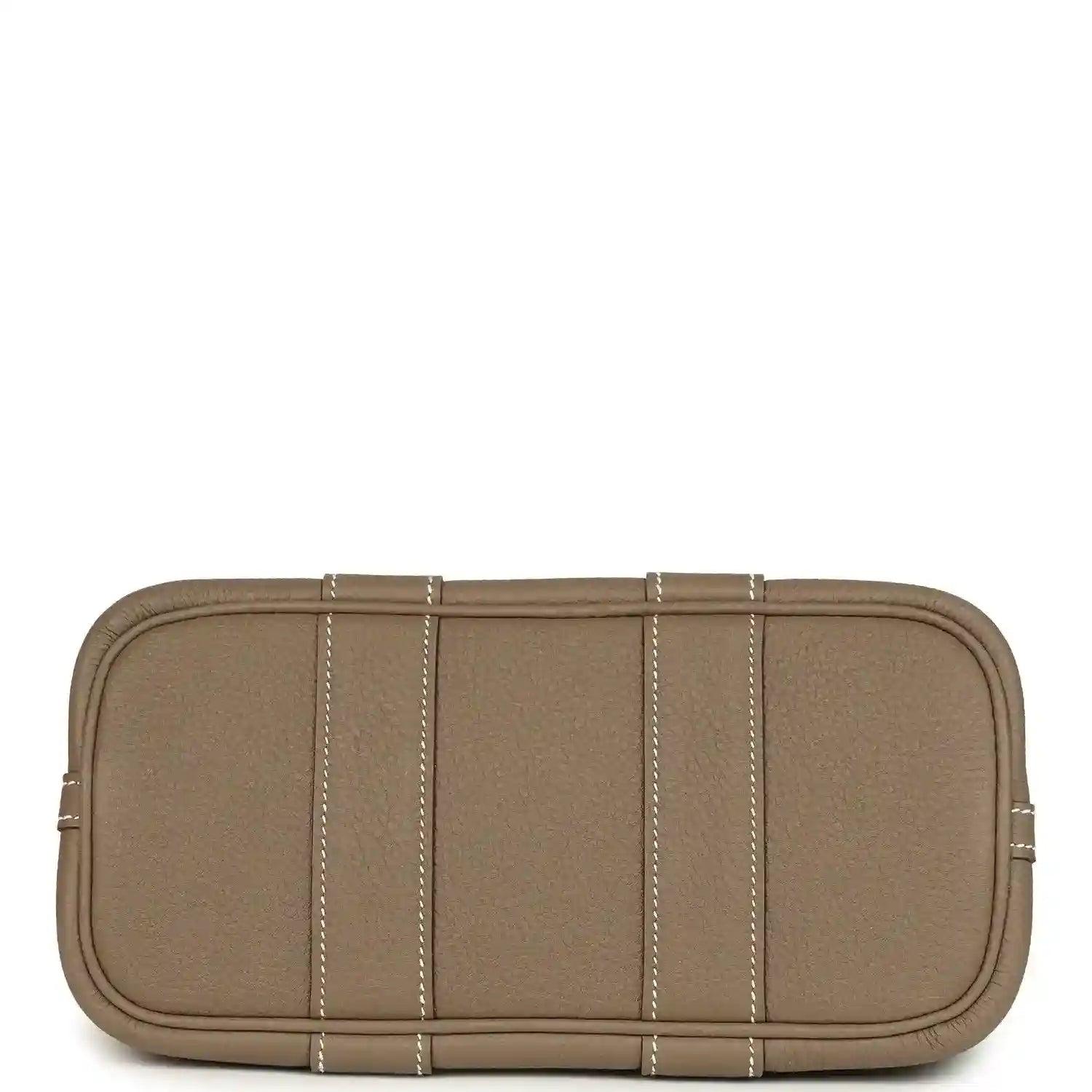 Taupe leather mini tote bag with flat base, stitched panels, and top zipper edge