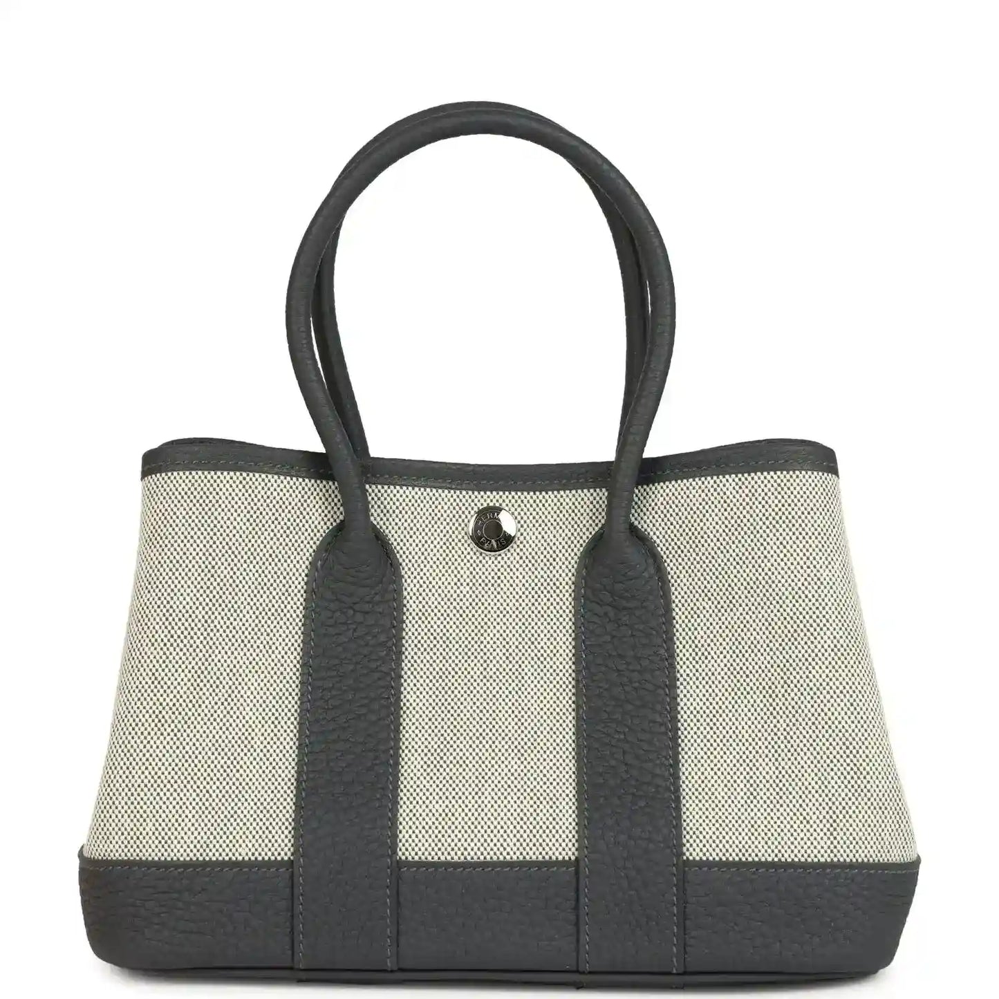 Hermes Garden Party Neo 23 tote in ecru canvas with dark leather trim and handles