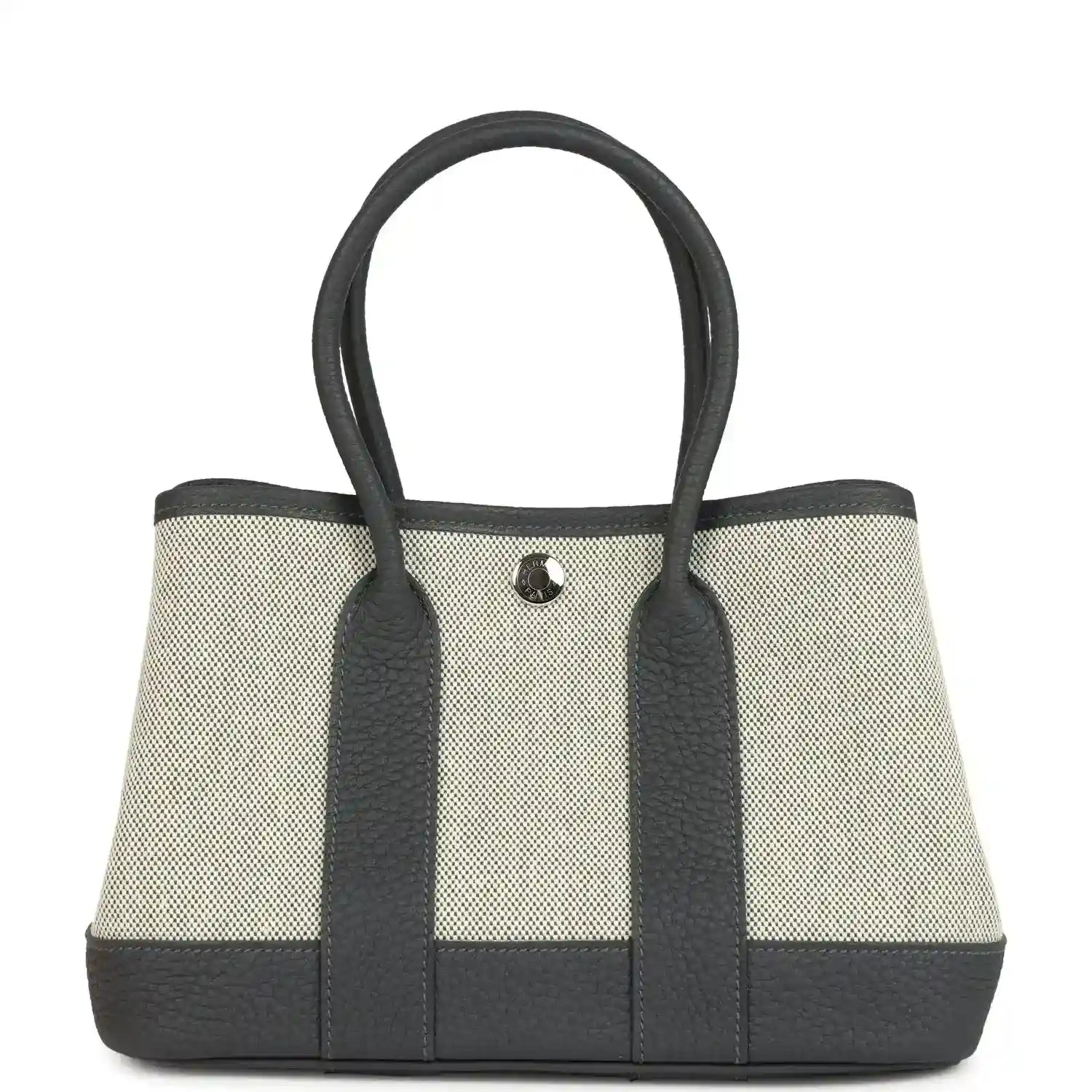 Hermes Garden Party Neo 23 tote in ecru canvas with dark leather trim and handles