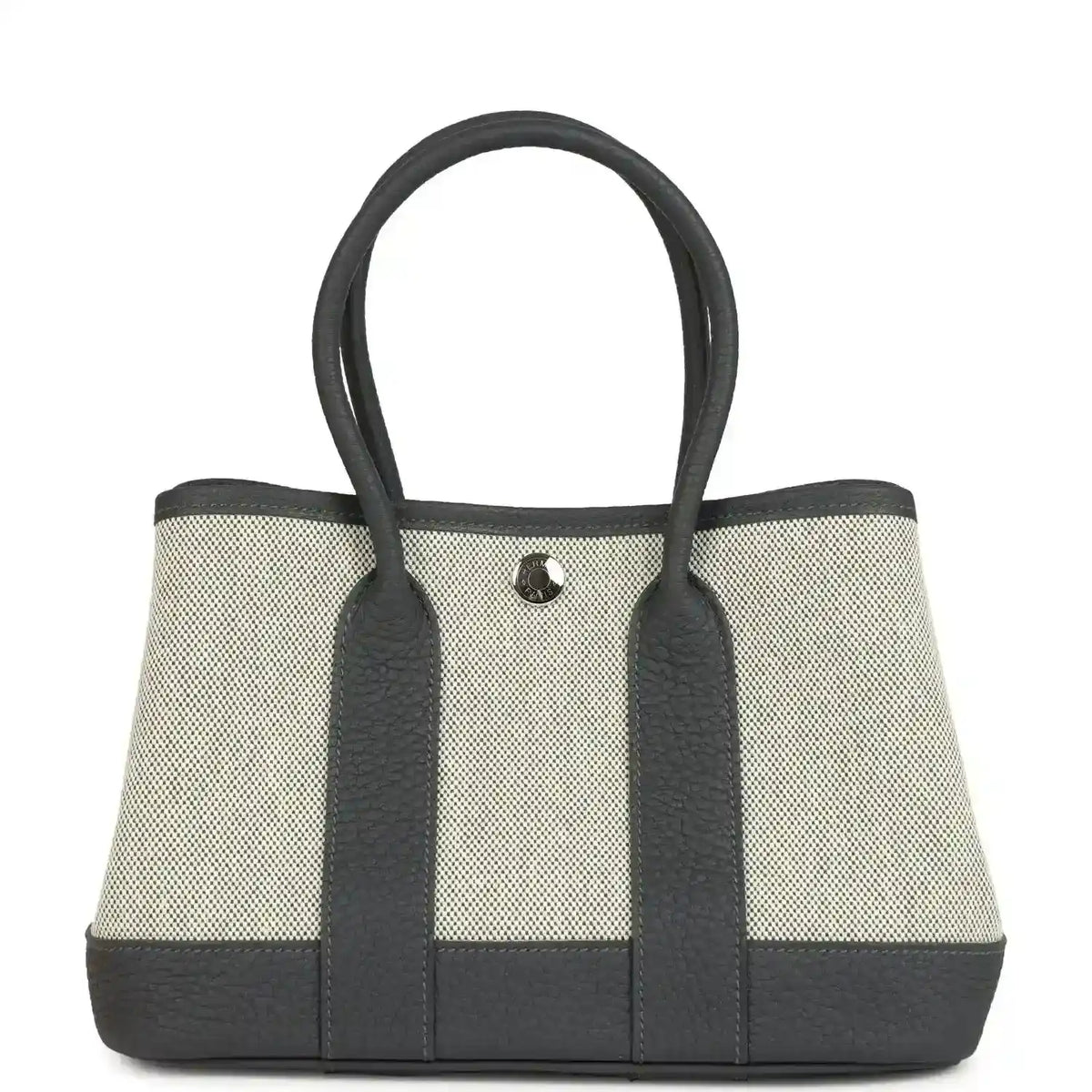 Hermes Garden Party Neo 23 tote in ecru canvas with dark leather trim and handles