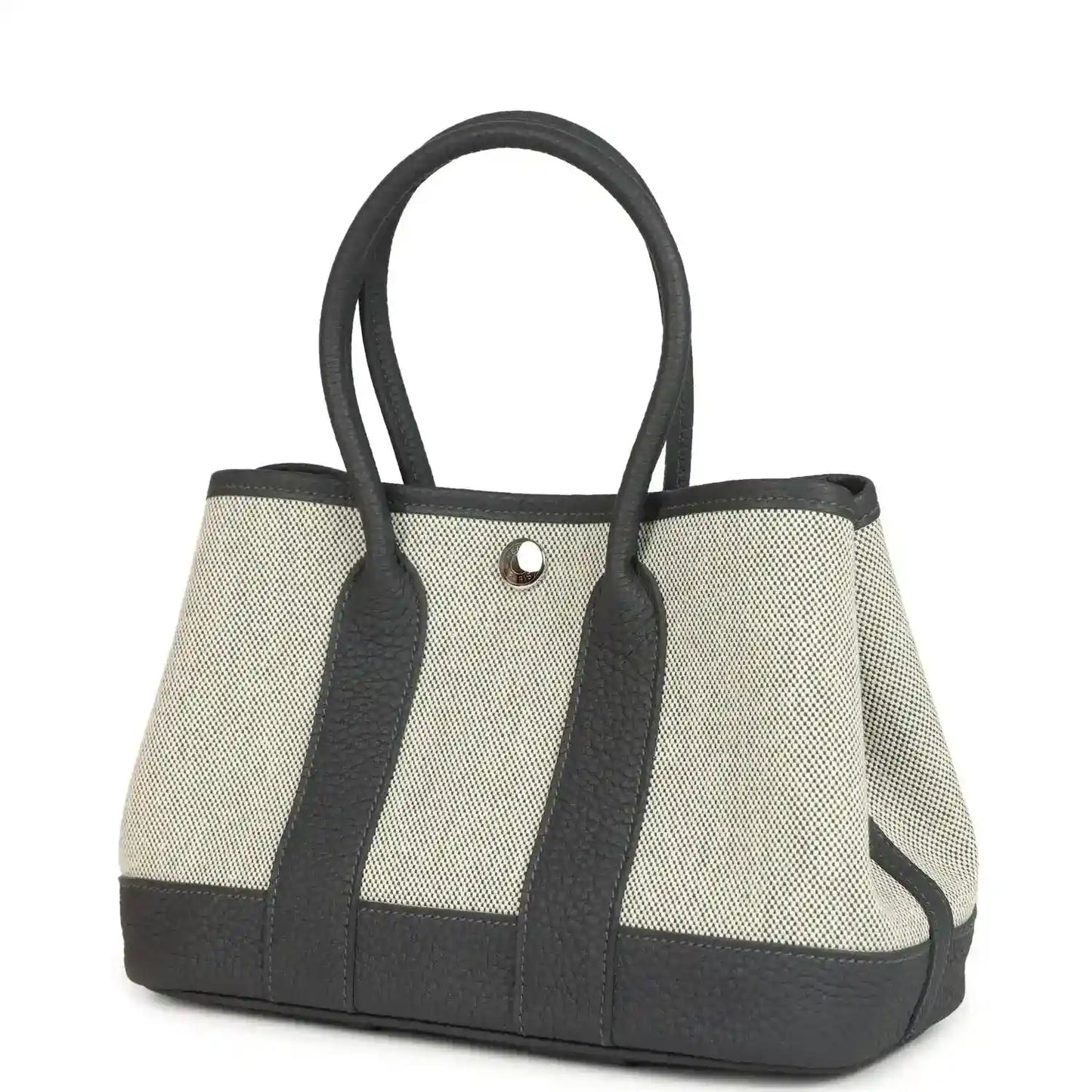 Hermes Garden Party Neo 23 tote, ecru canvas body with dark leather handles and clasp