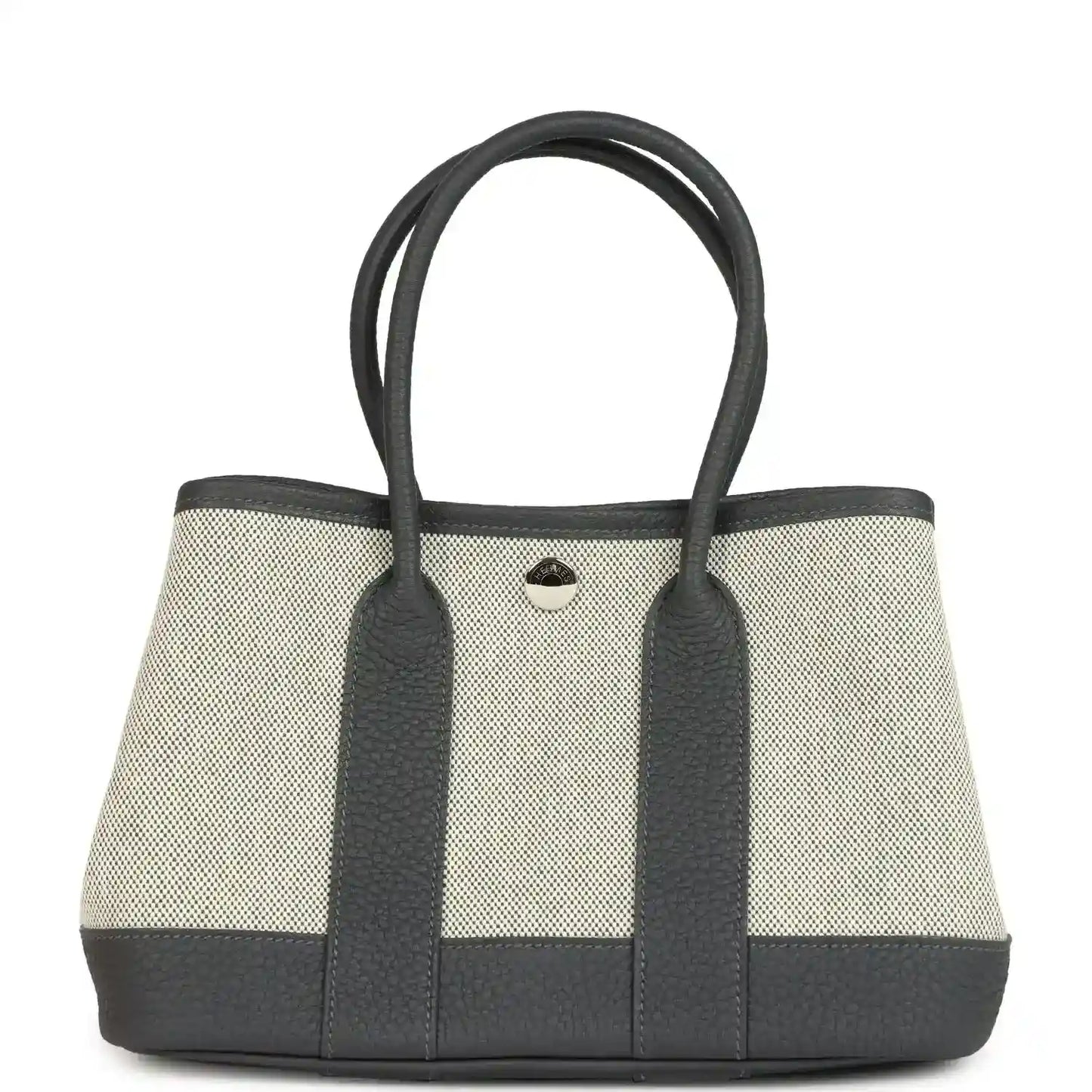 Hermes Garden Party Neo 23 tote with ecru canvas body and dark leather handles