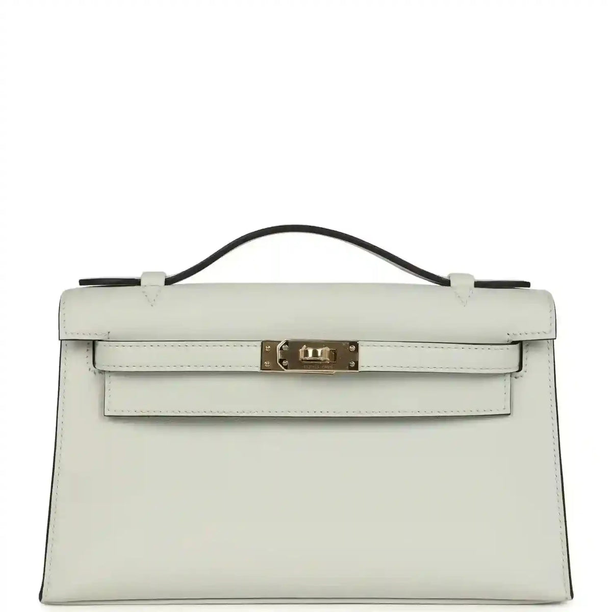 Hermès Kelly pochette in light gray Swift leather, gold-tone front clasp