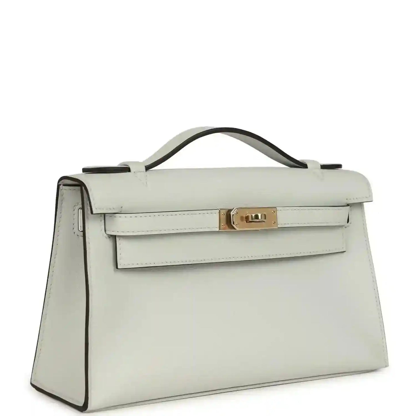 Hermès Kelly pochette in light gray Swift leather with top handle and gold clasp