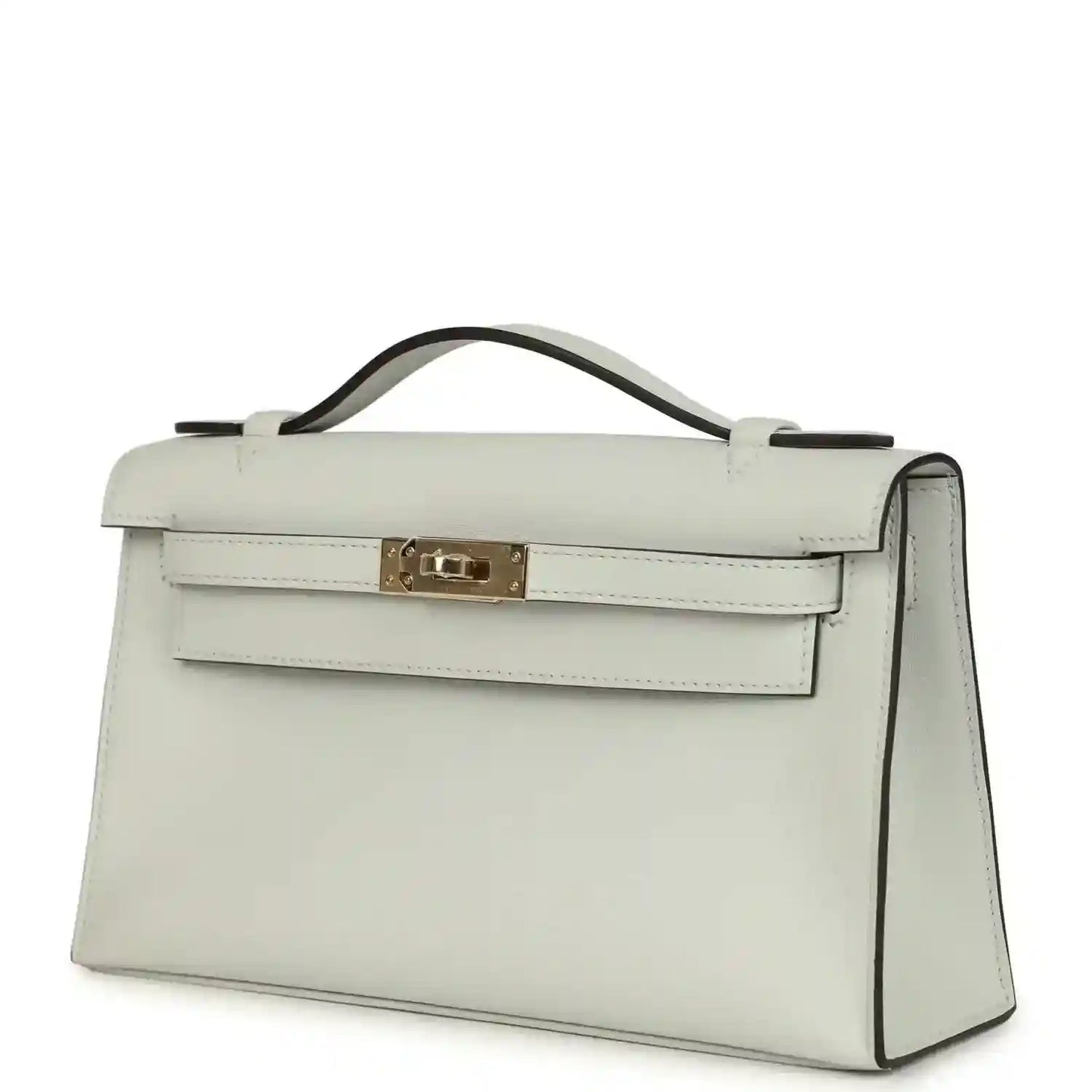 Hermès Kelly pochette in light gray Swift leather with gold-tone front clasp