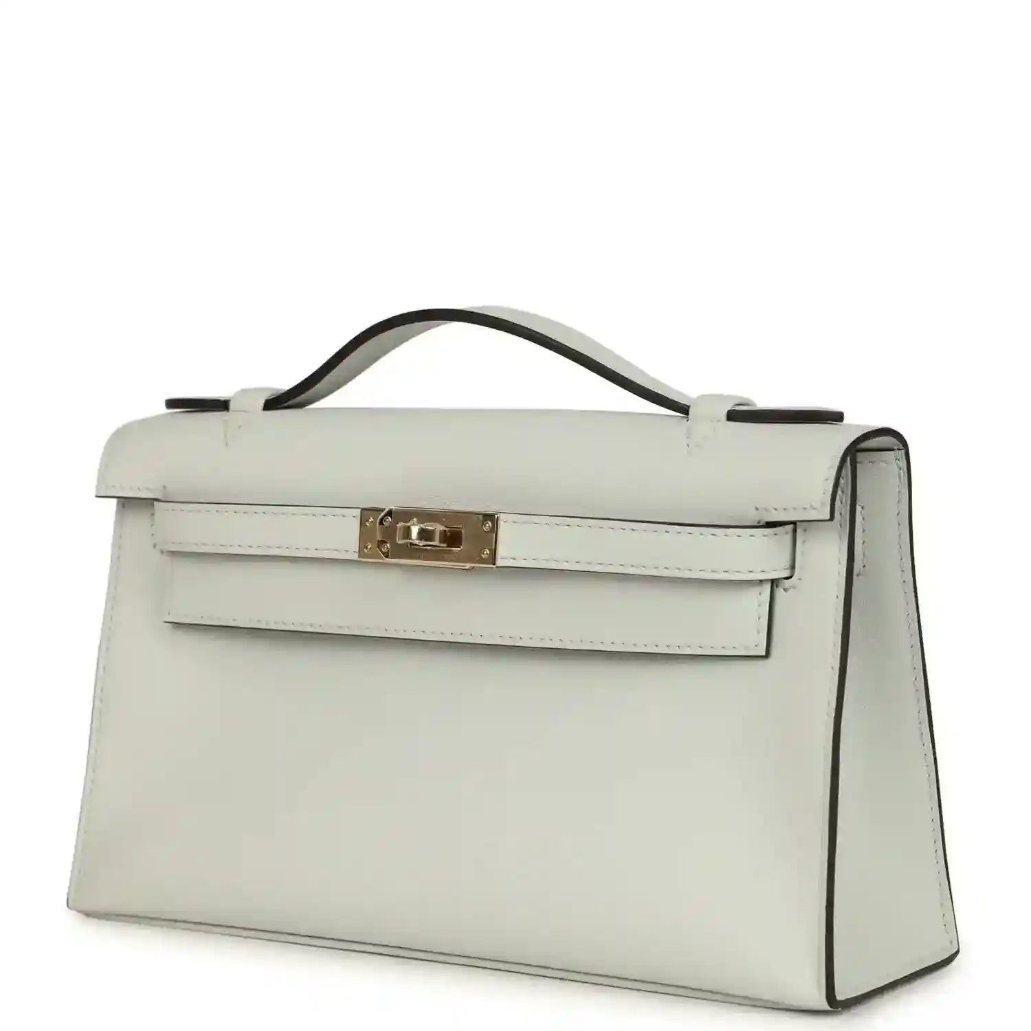 Hermès Kelly pochette in light gray Swift leather with gold-tone front clasp