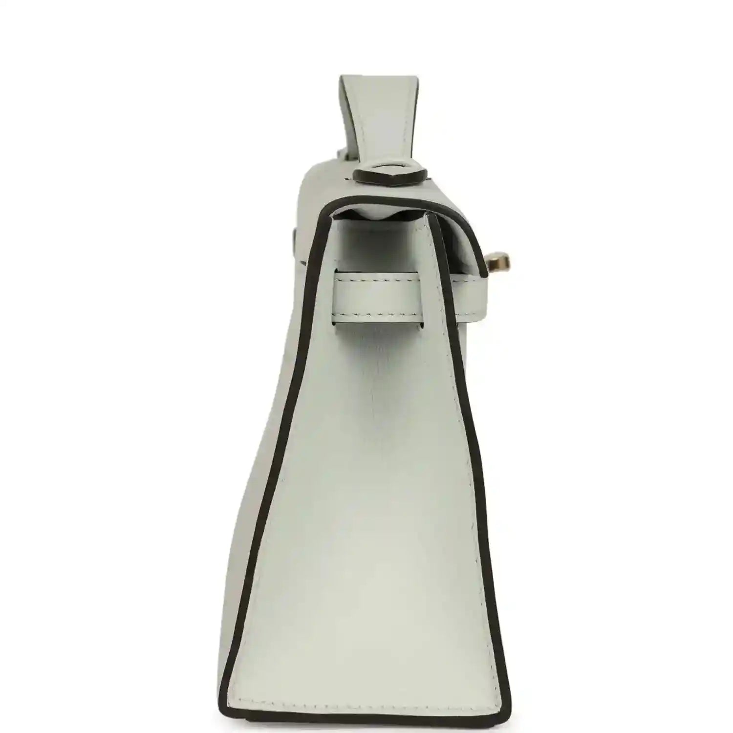 Kelly-style leather pochette in light gray with open flap and interior compartment