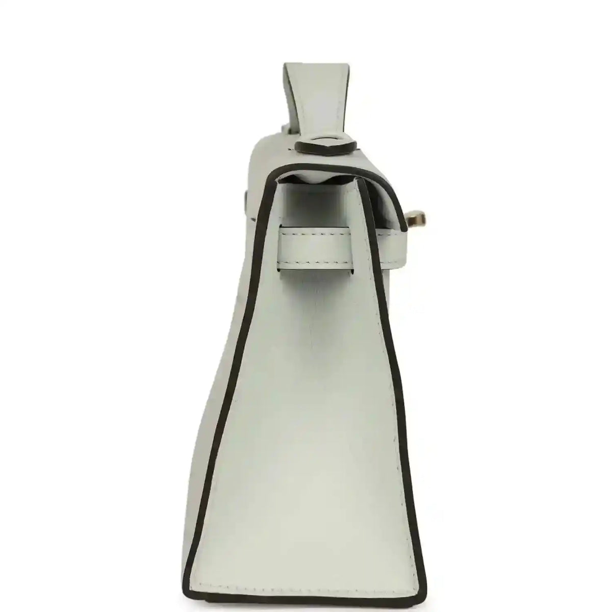 Kelly-style leather pochette in light gray with open flap and interior compartment