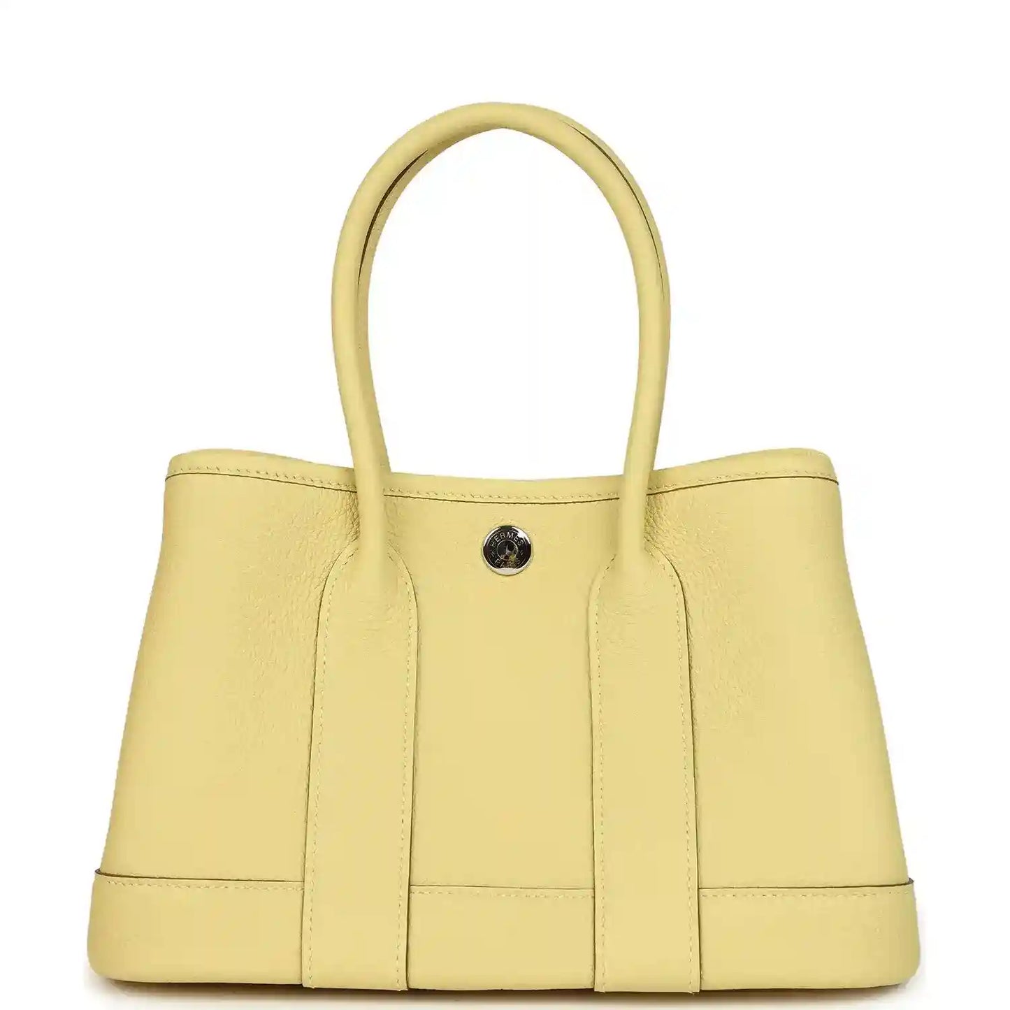Hermès Garden Party Neo 23 tote bag front view, yellow leather with snap button