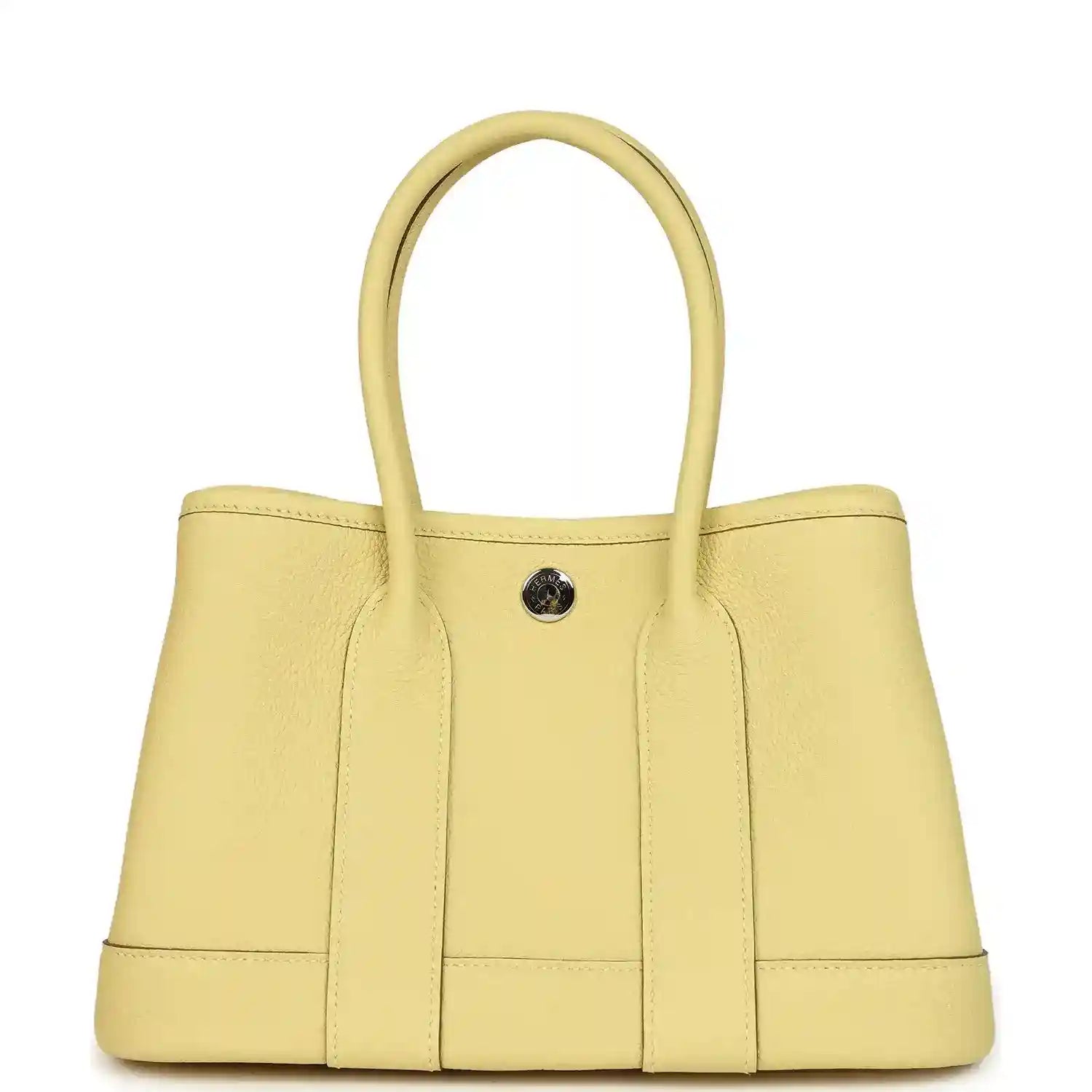 Hermès Garden Party Neo 23 tote bag front view, yellow leather with snap button