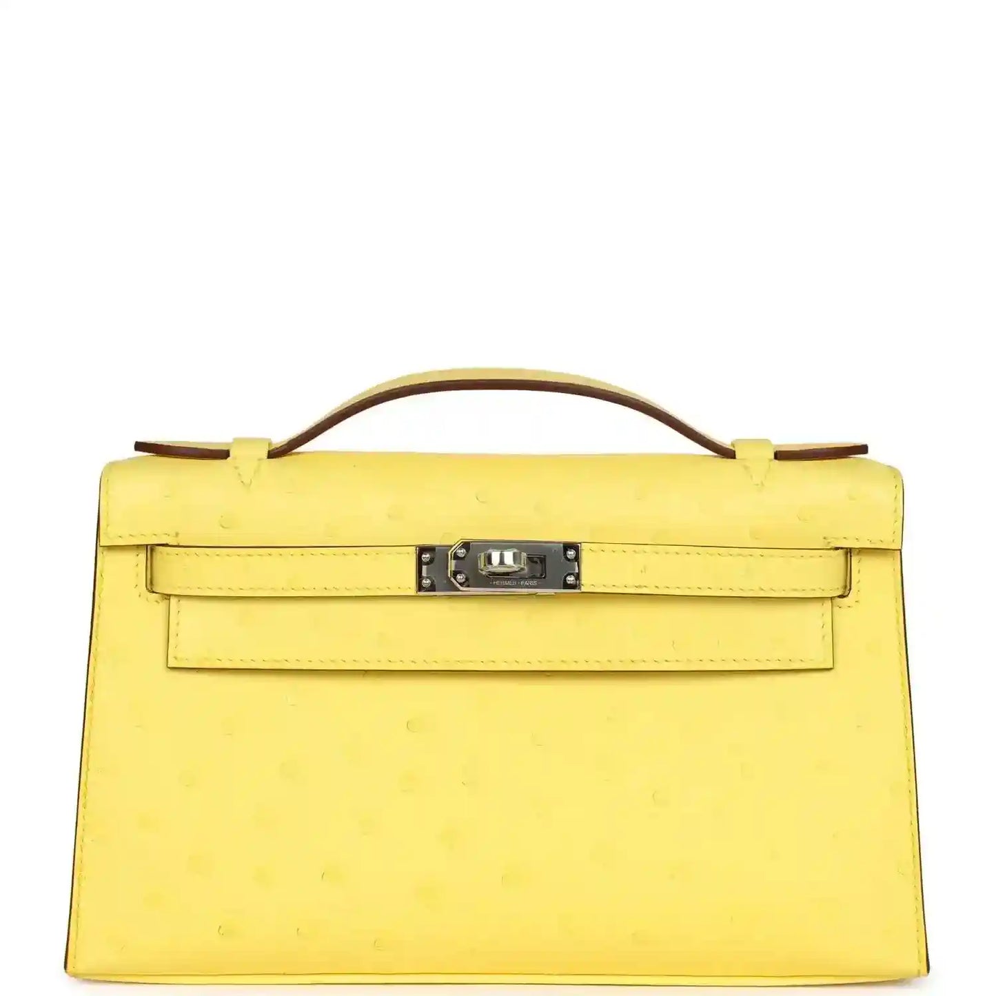Yellow leather Kelly-style pochette with top handle, front flap and silver-tone lock
